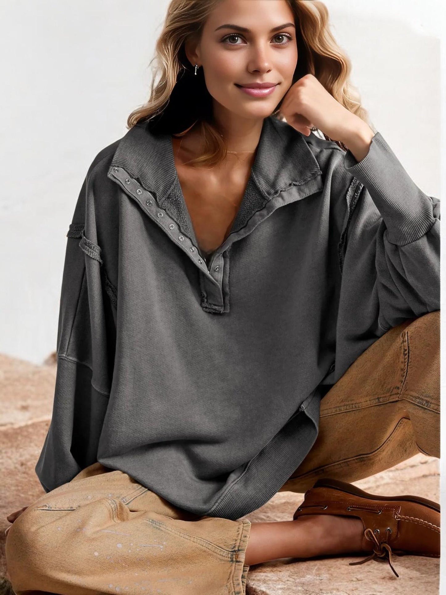 Oversized Button-Up Collar Sweatshirt with Raw Edge Hem and Drop Shoulders