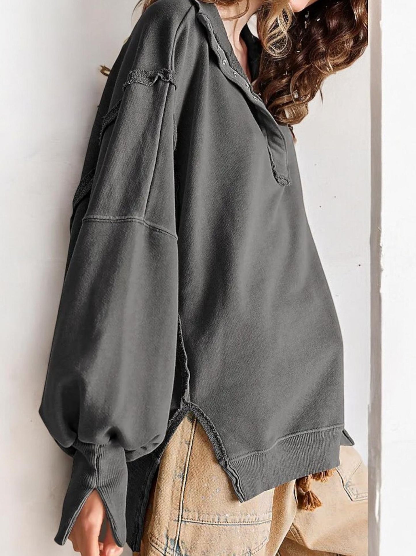 Oversized Button-Up Collar Sweatshirt with Raw Edge Hem and Drop Shoulders