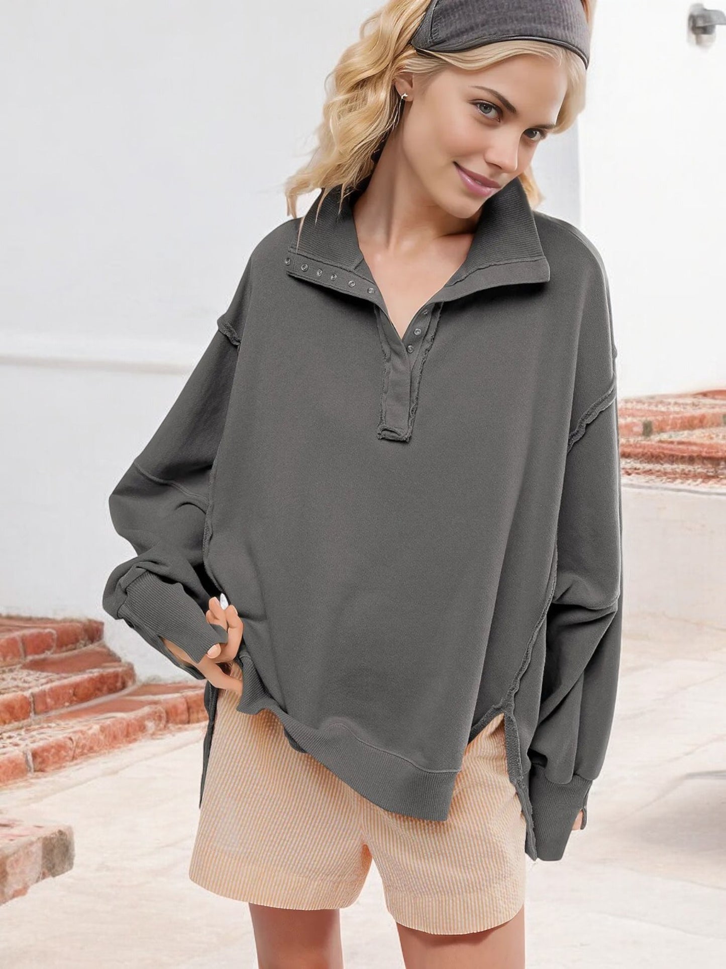 Oversized Button-Up Collar Sweatshirt with Raw Edge Hem and Drop Shoulders
