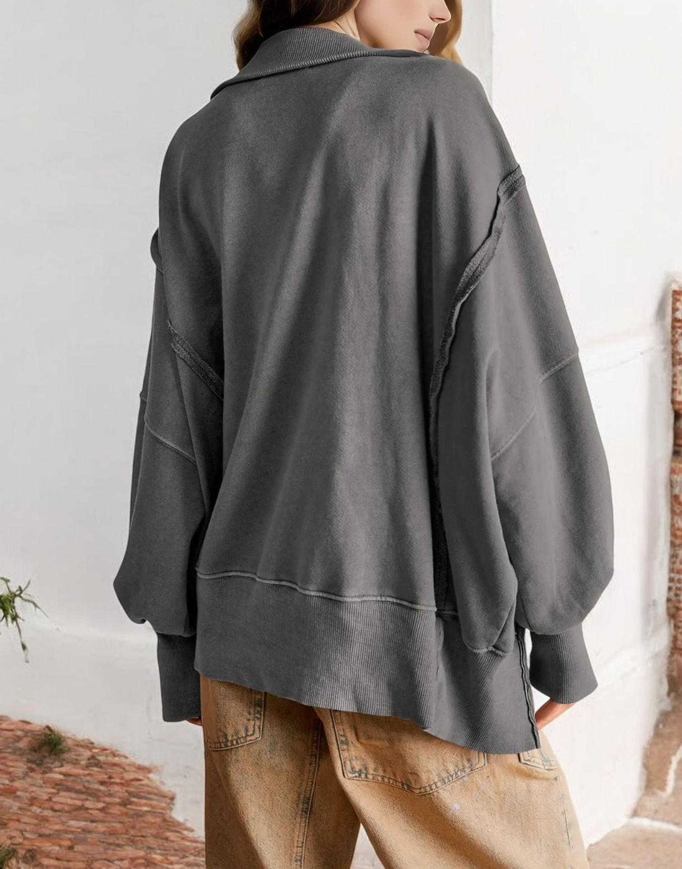 Oversized Button-Up Collar Sweatshirt with Raw Edge Hem and Drop Shoulders