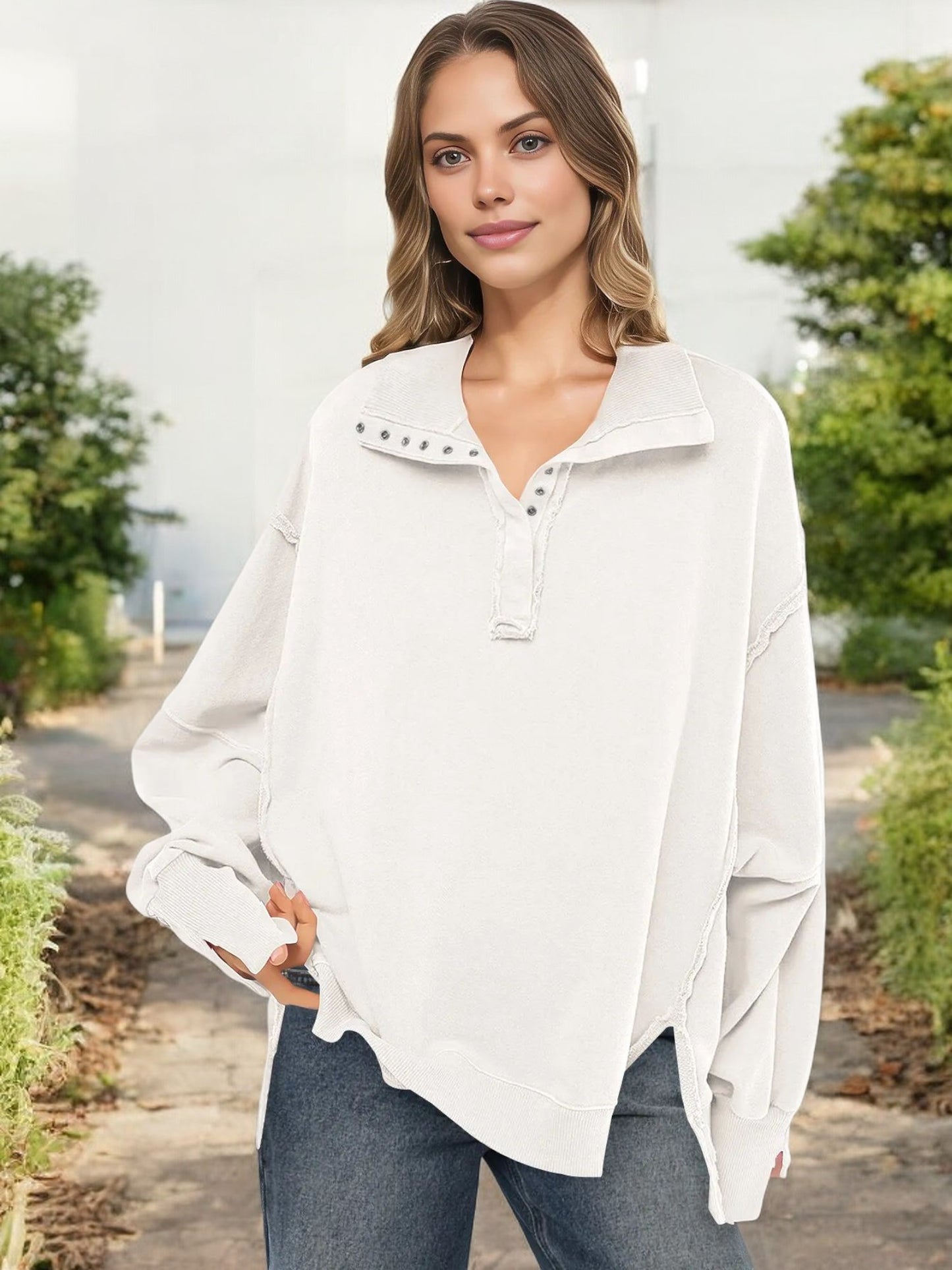Oversized Button-Up Collar Sweatshirt with Raw Edge Hem and Drop Shoulders