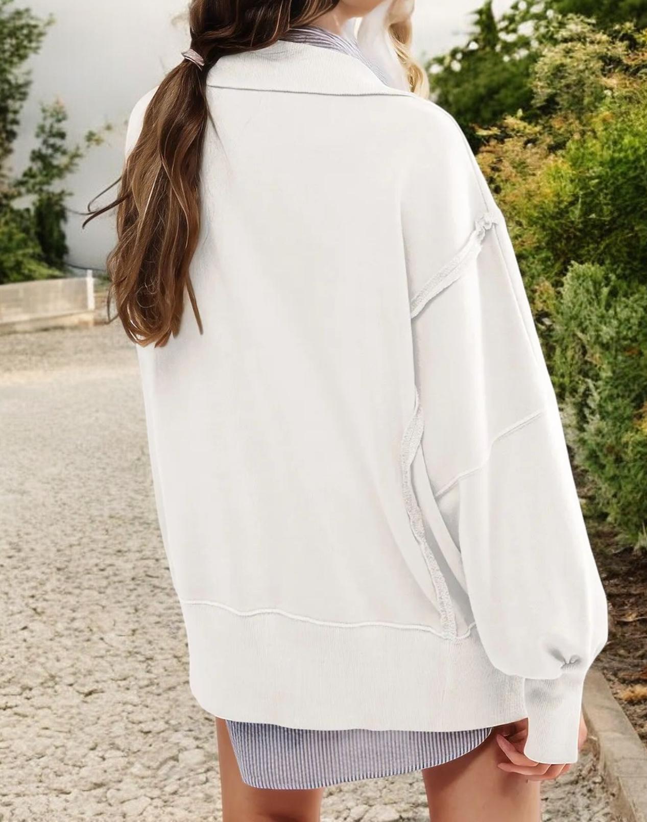 Oversized Button-Up Collar Sweatshirt with Raw Edge Hem and Drop Shoulders
