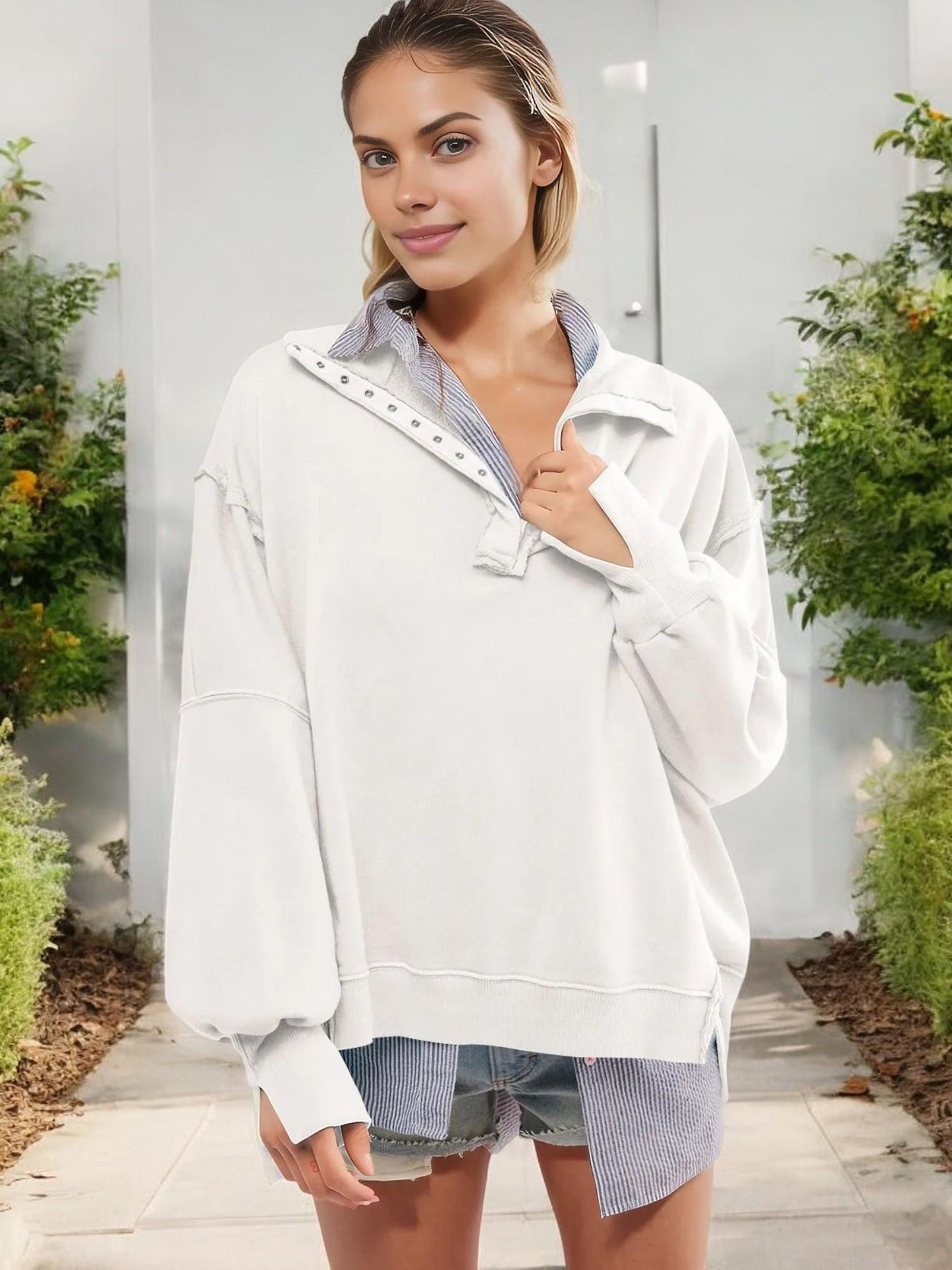 Oversized Button-Up Collar Sweatshirt with Raw Edge Hem and Drop Shoulders