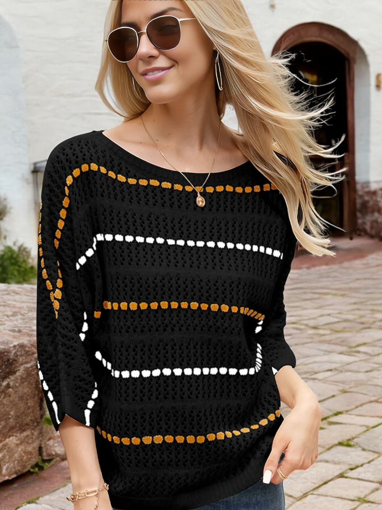Striped Open Knit Sweater with 3/4 Sleeves and Relaxed Fit