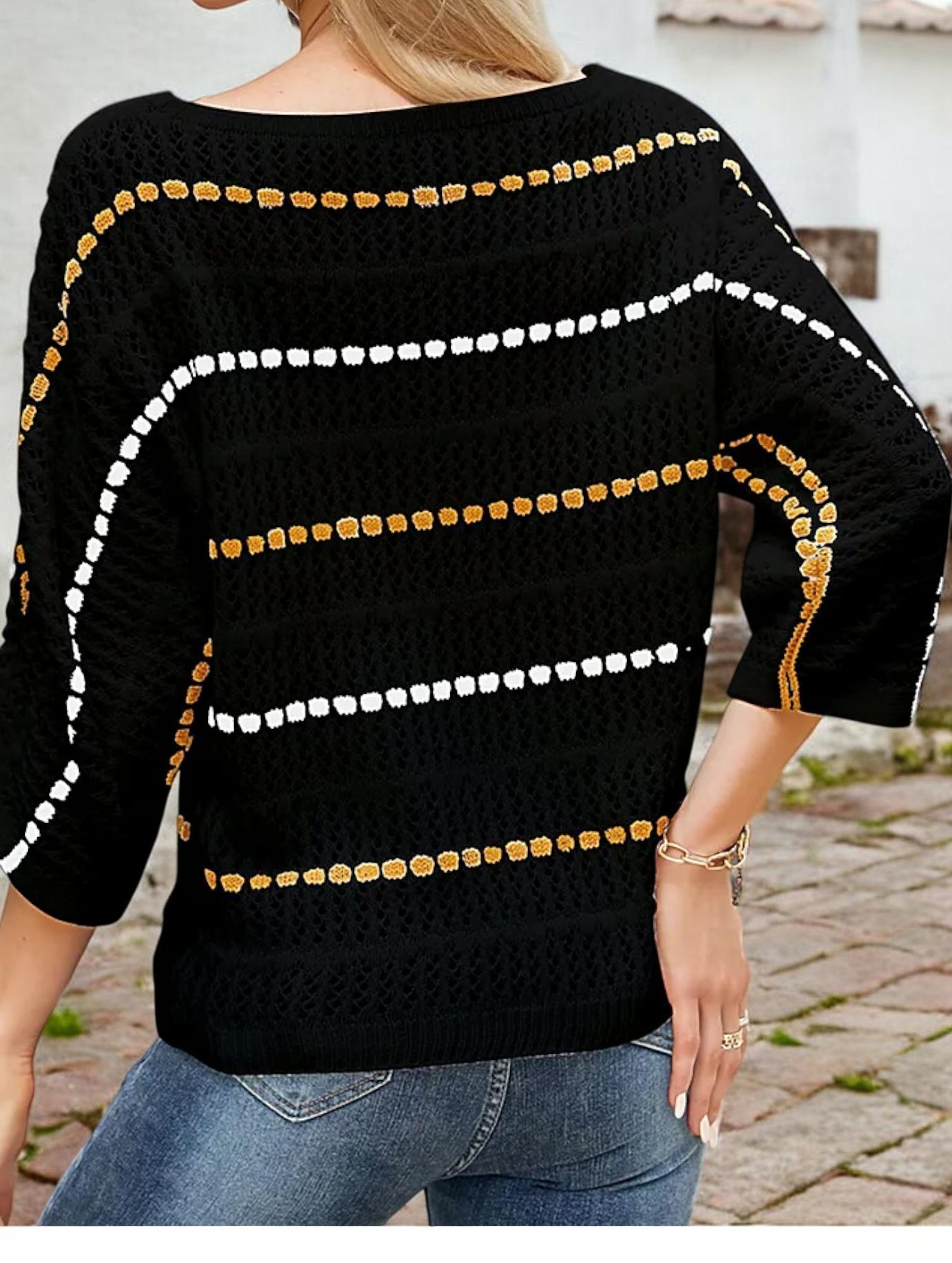 Striped Open Knit Sweater with 3/4 Sleeves and Relaxed Fit