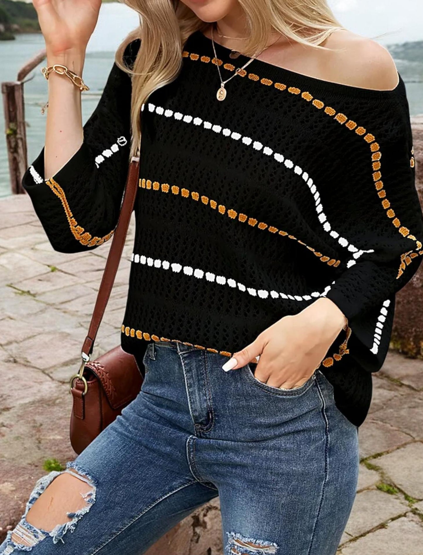 Striped Open Knit Sweater with 3/4 Sleeves and Relaxed Fit