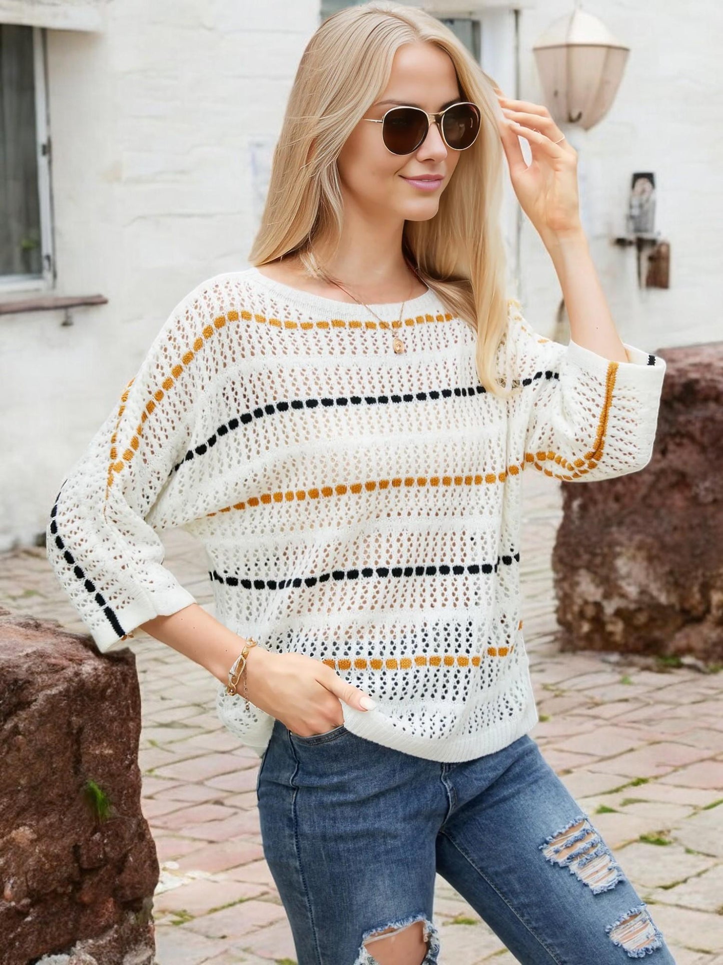 Striped Open Knit Sweater with 3/4 Sleeves and Relaxed Fit