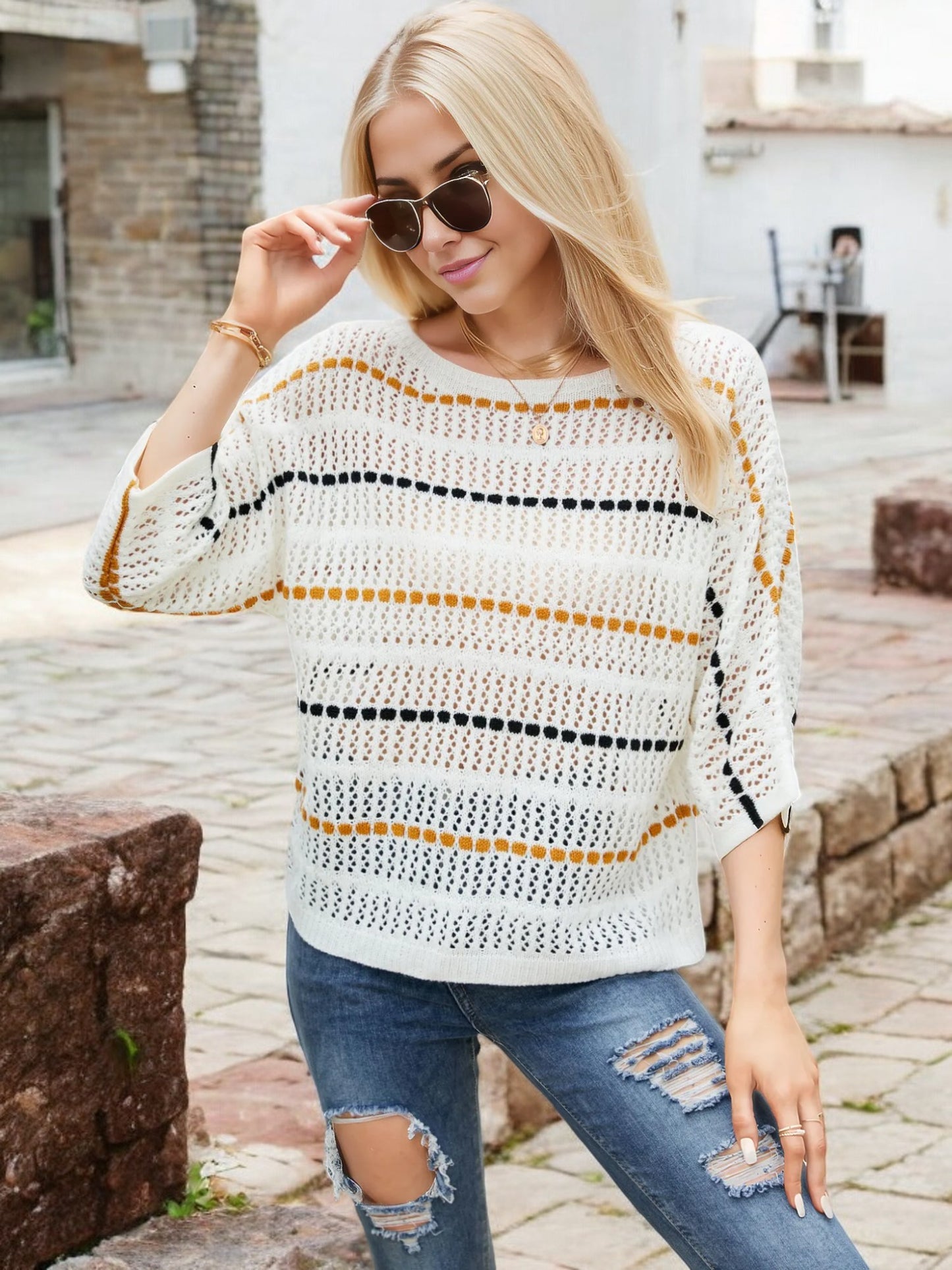 Striped Open Knit Sweater with 3/4 Sleeves and Relaxed Fit