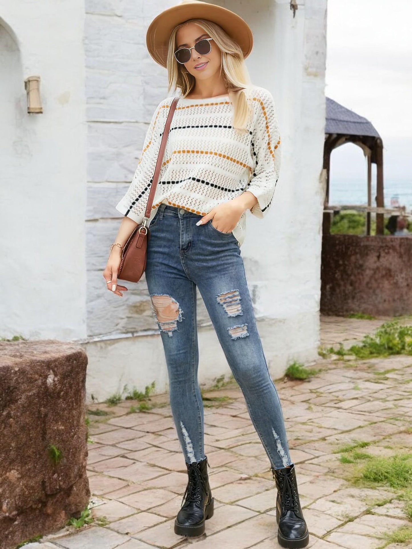 Striped Open Knit Sweater with 3/4 Sleeves and Relaxed Fit