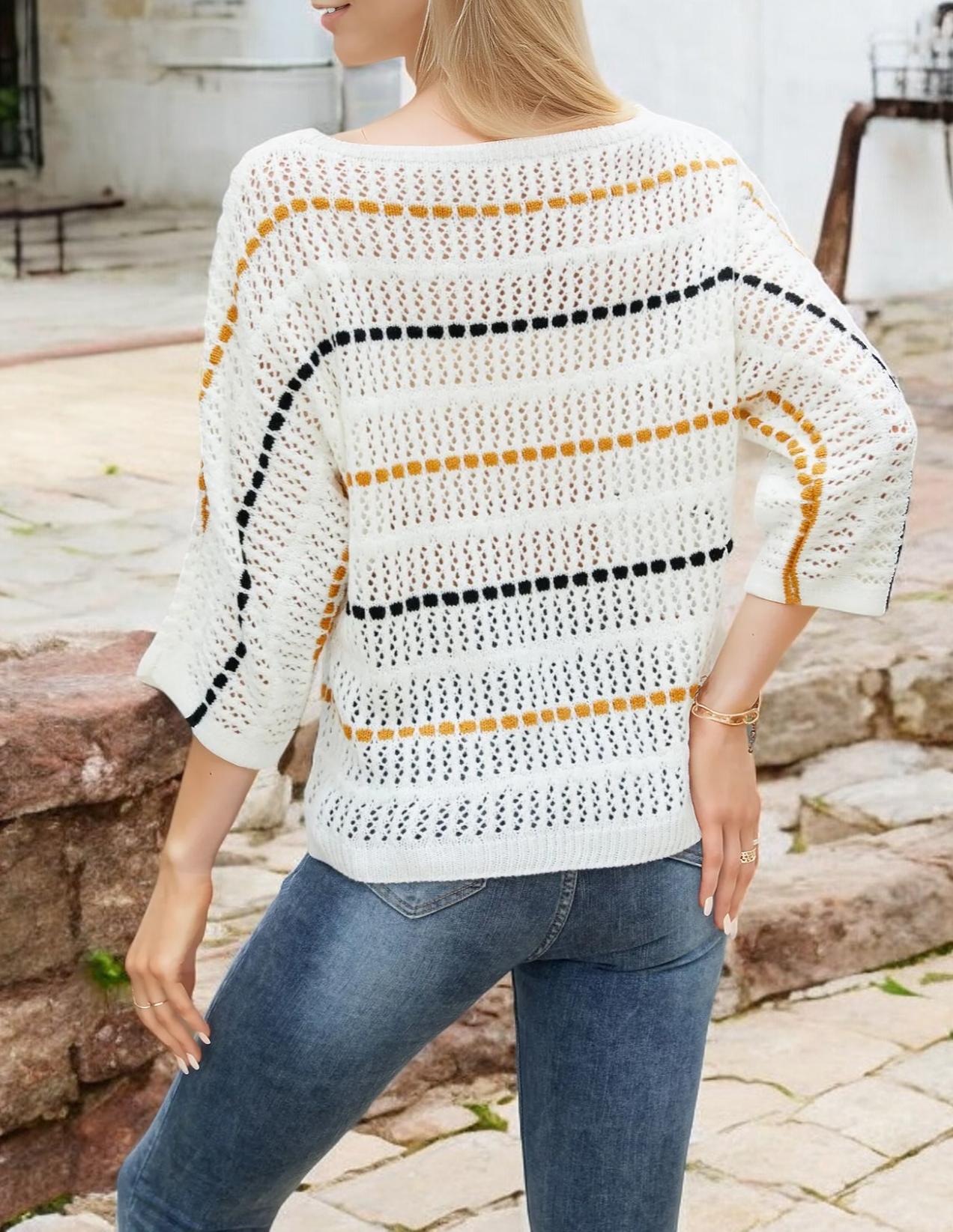 Striped Open Knit Sweater with 3/4 Sleeves and Relaxed Fit