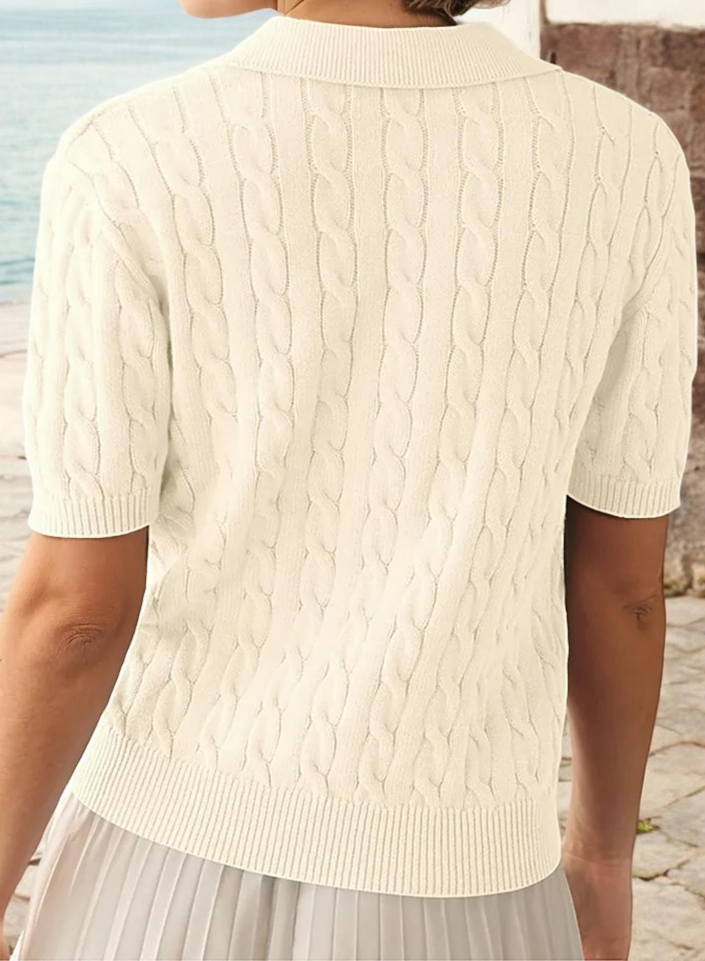 Collared Short Sleeve Cable Knit Top with Classic Fit