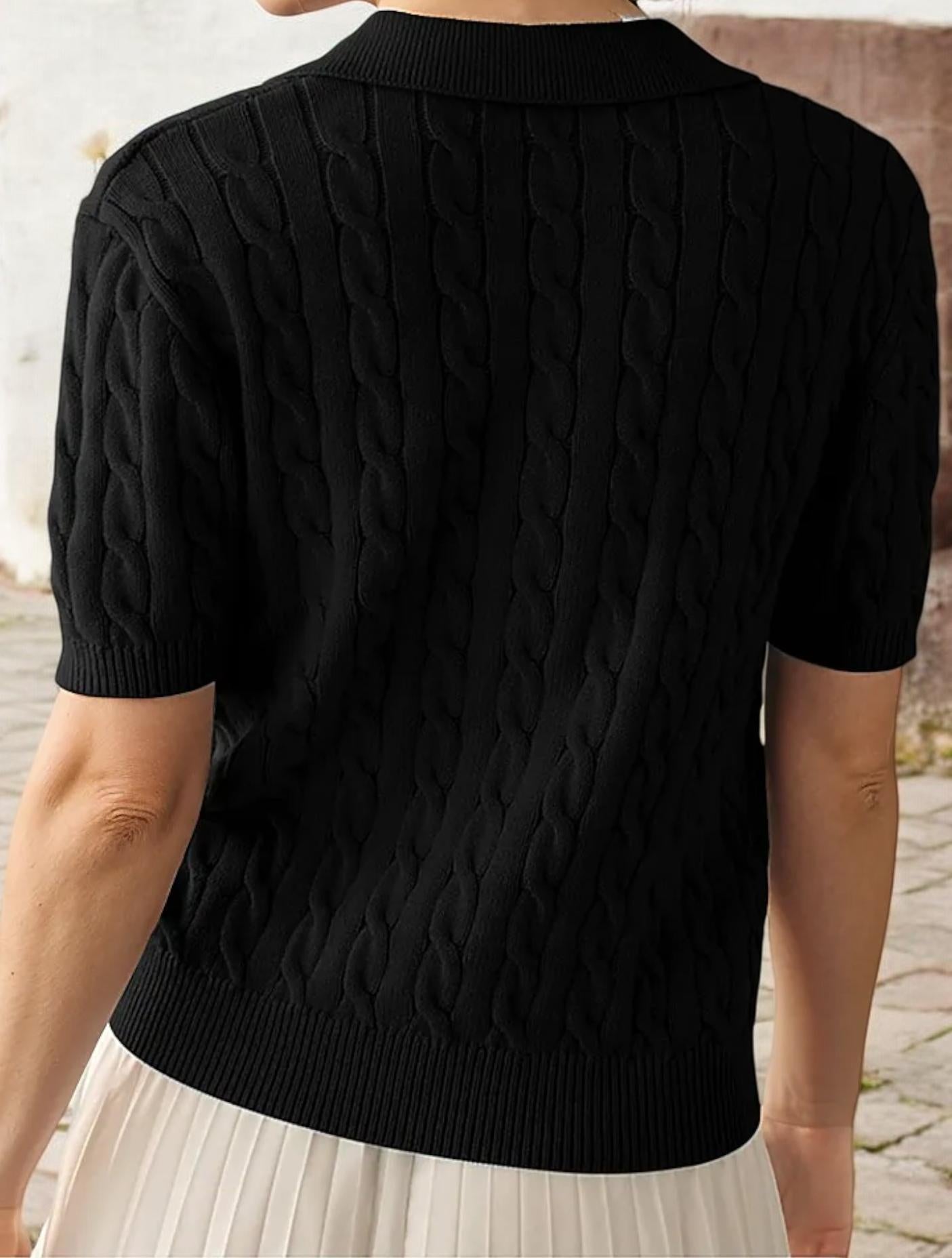 Collared Short Sleeve Cable Knit Top with Classic Fit