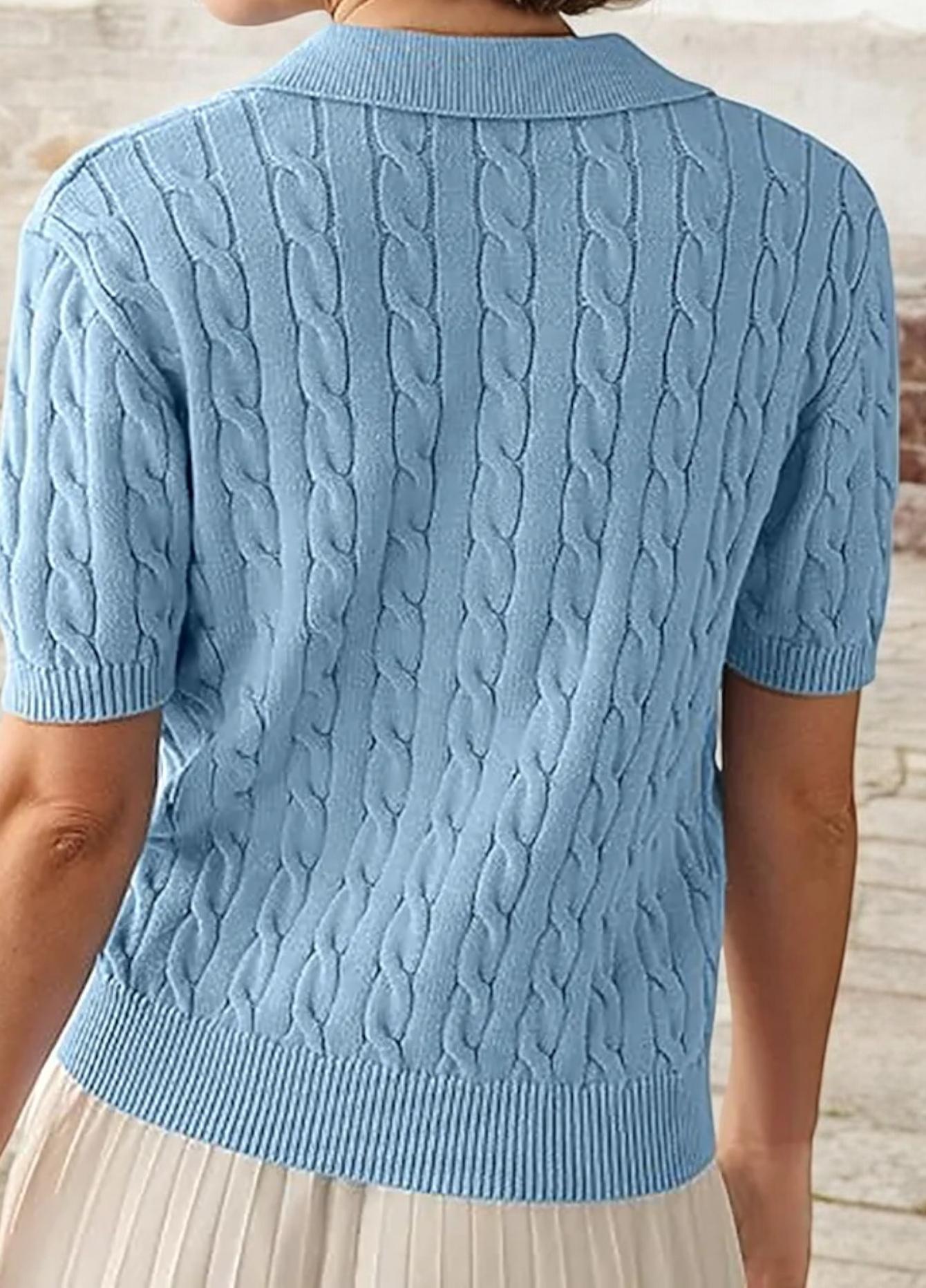 Collared Short Sleeve Cable Knit Top with Classic Fit