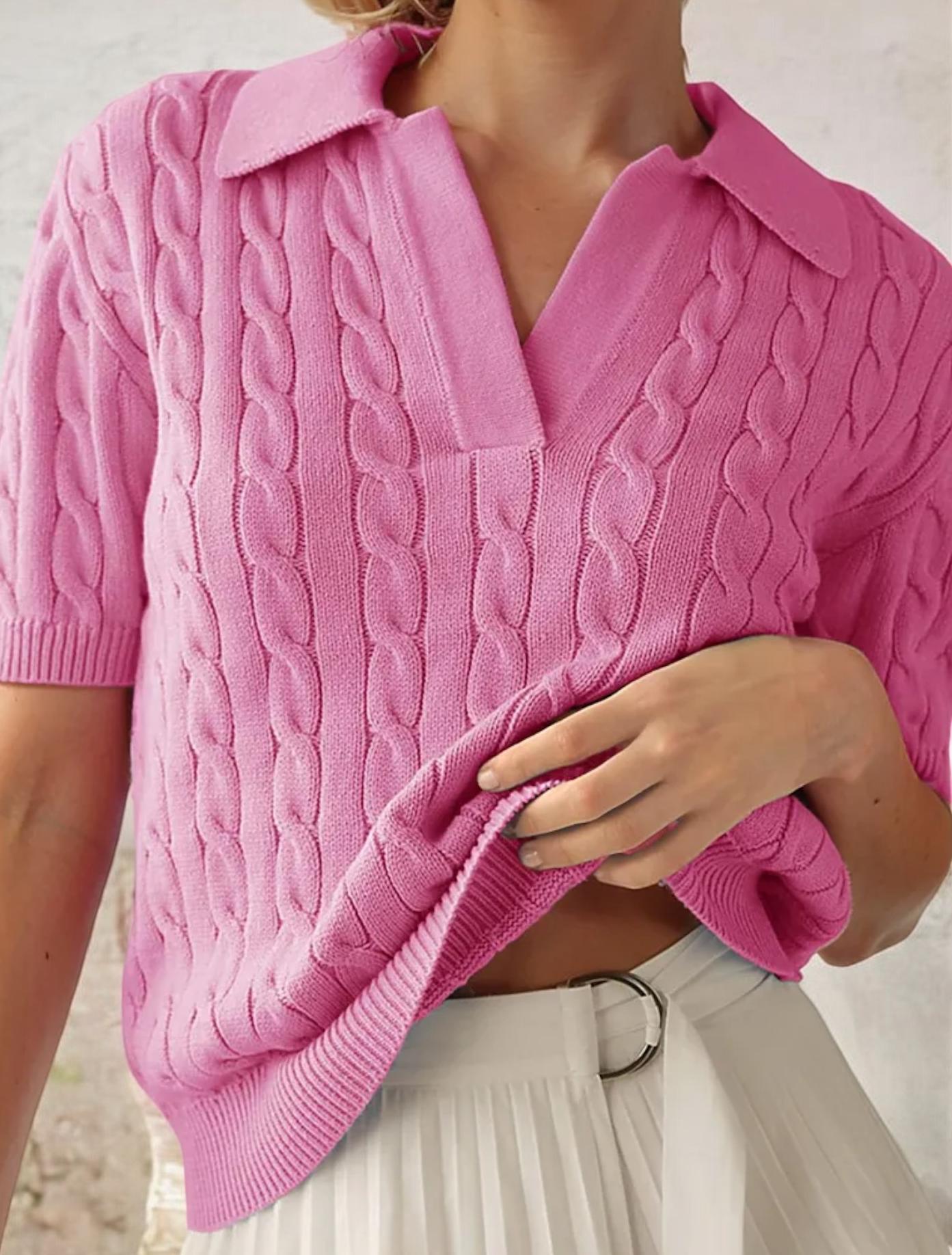 Collared Short Sleeve Cable Knit Top with Classic Fit