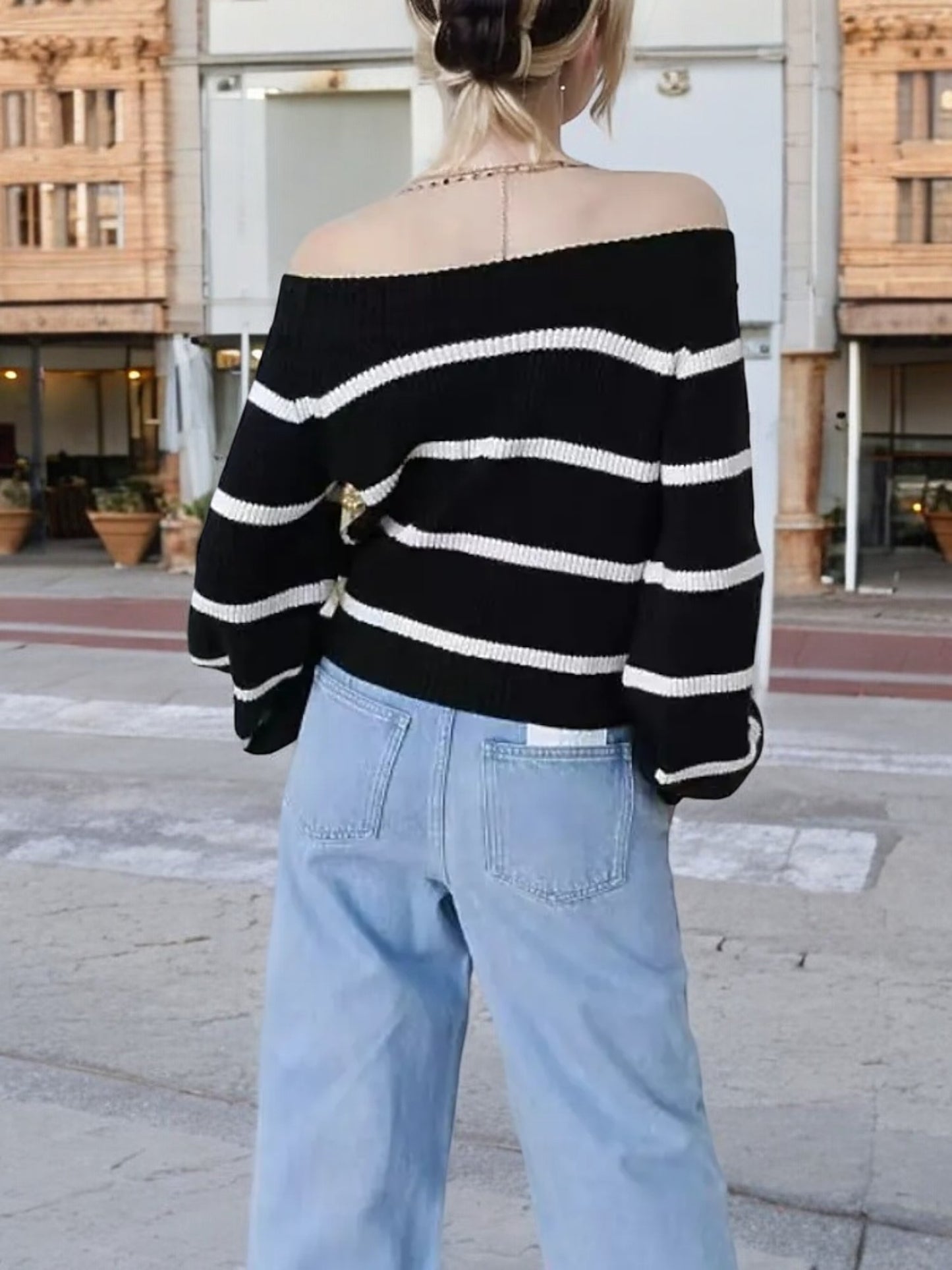 Anna-Kaci Women's Off-Shoulder Striped Knit Sweater with Long Sleeves