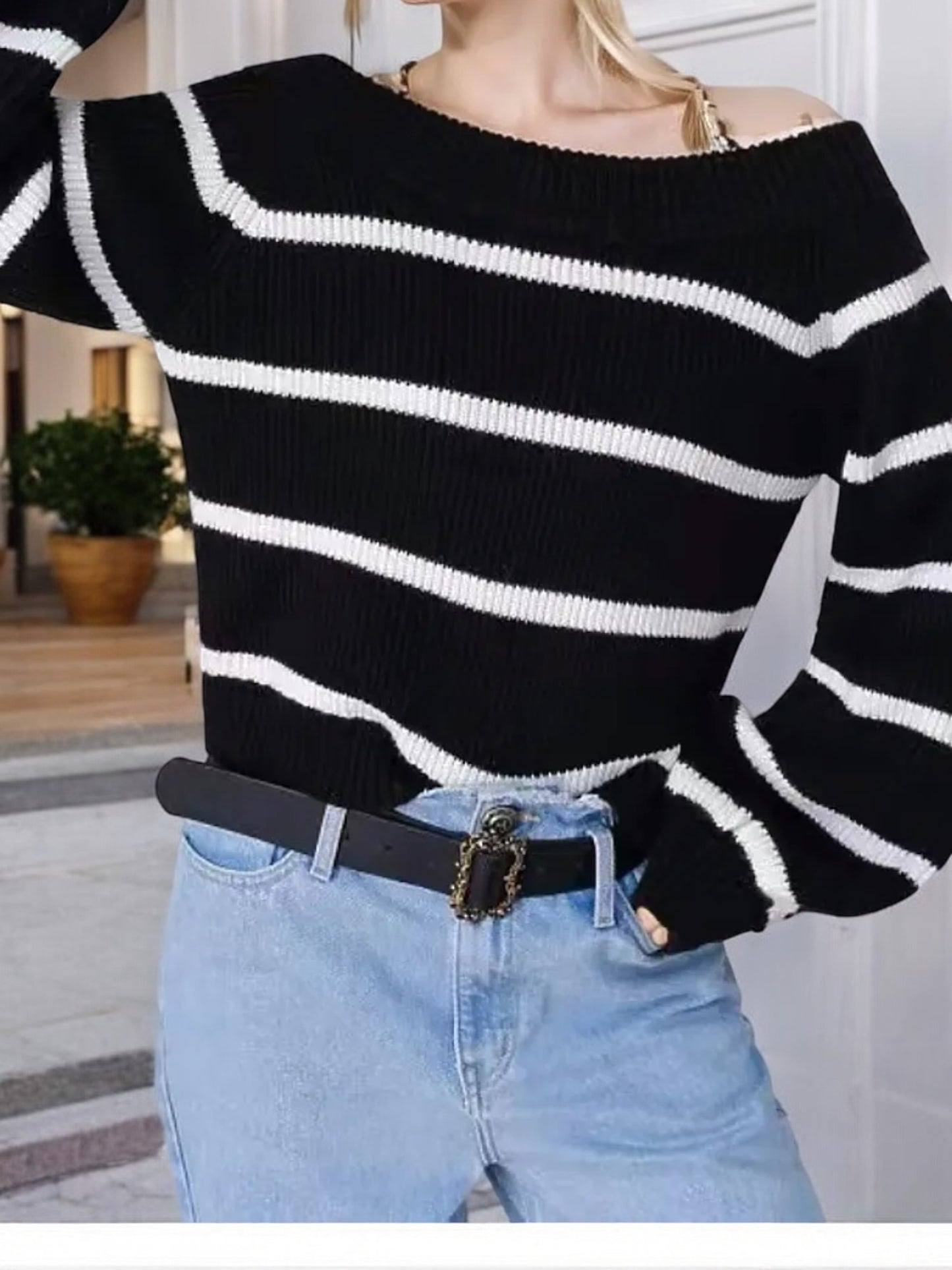 Anna-Kaci Women's Off-Shoulder Striped Knit Sweater with Long Sleeves
