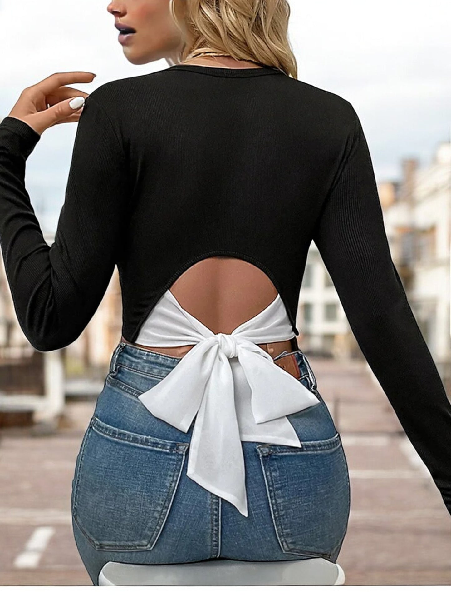 Anna-Kaci Women's Long Sleeve Ribbed Crop Top with Crew Neckline