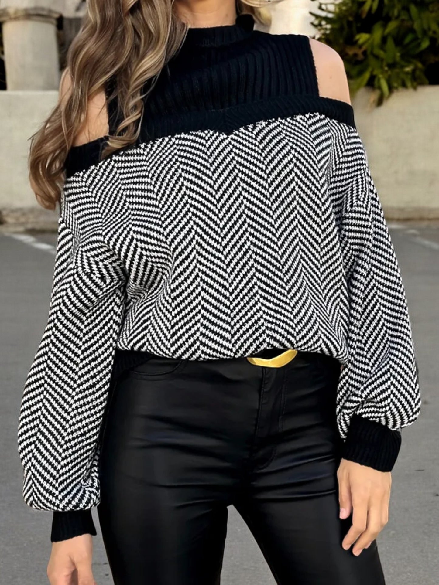 Anna-Kaci Women's Off-Shoulder Chevron Knit Sweater with Balloon Sleeves