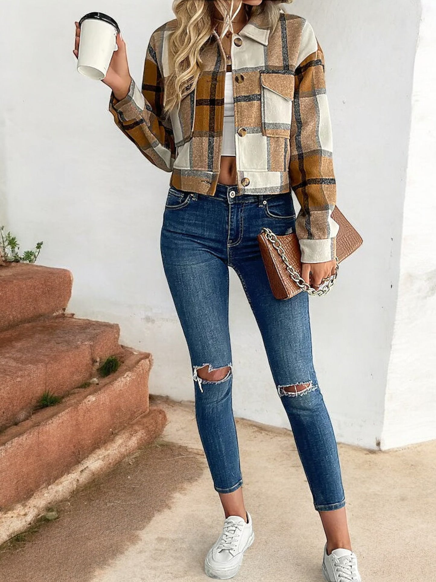 Anna-Kaci Women's Cropped Plaid Jacket with Button Front and Flap Pockets
