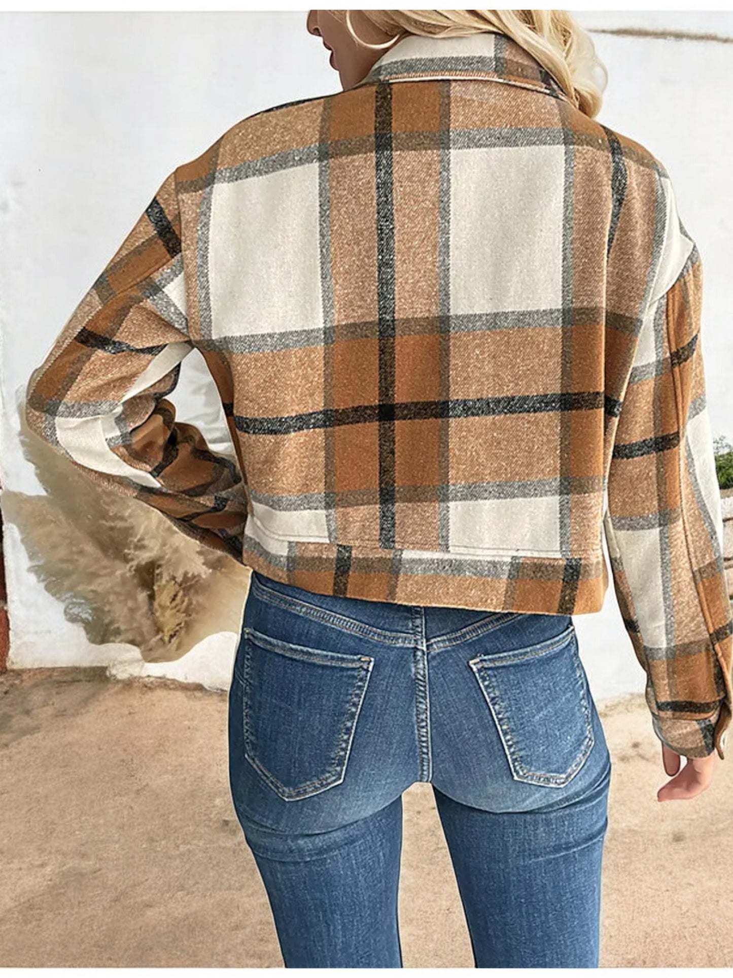 Anna-Kaci Women's Cropped Plaid Jacket with Button Front and Flap Pockets