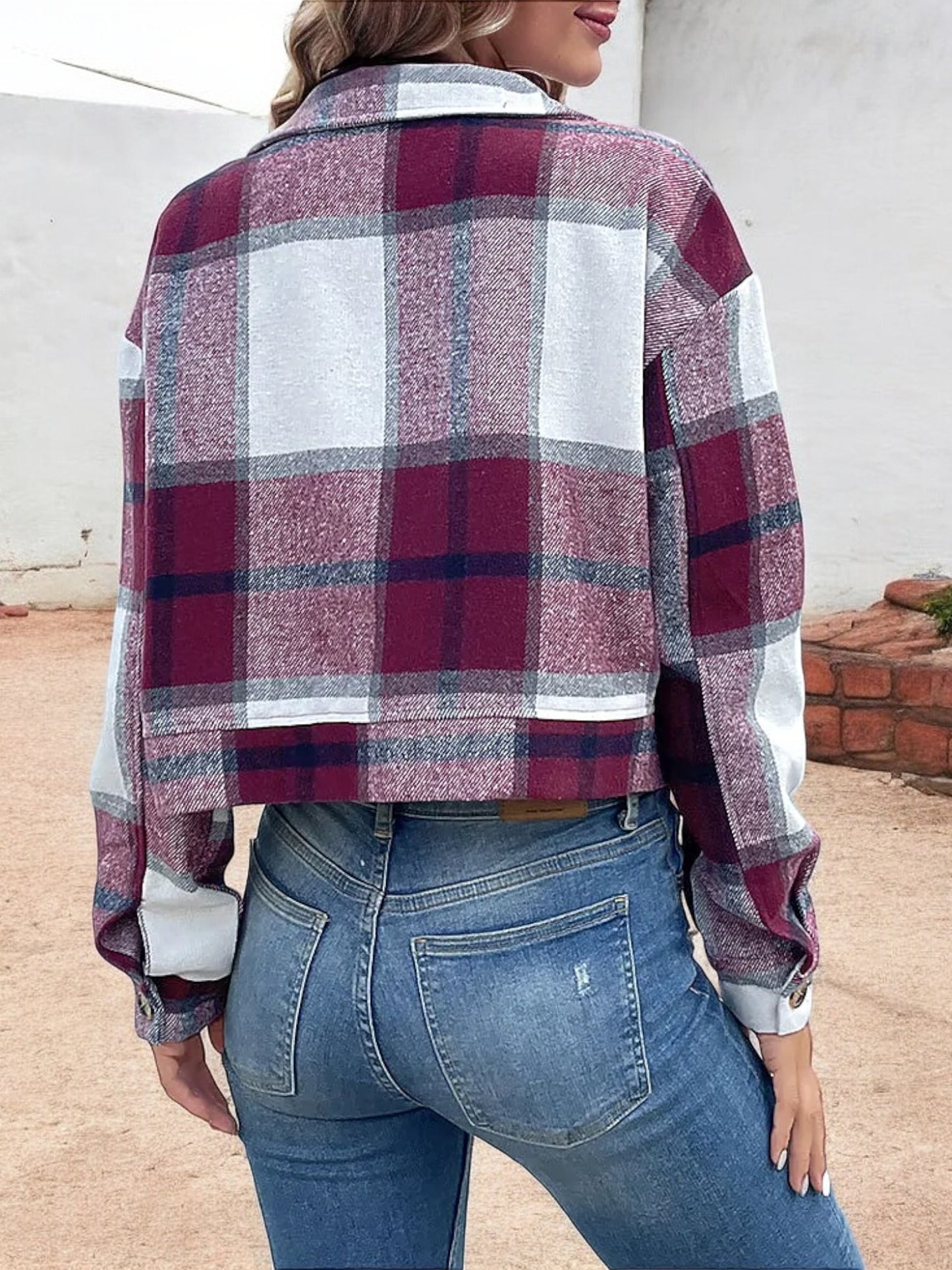 Anna-Kaci Women's Cropped Plaid Jacket with Button Front and Flap Pockets
