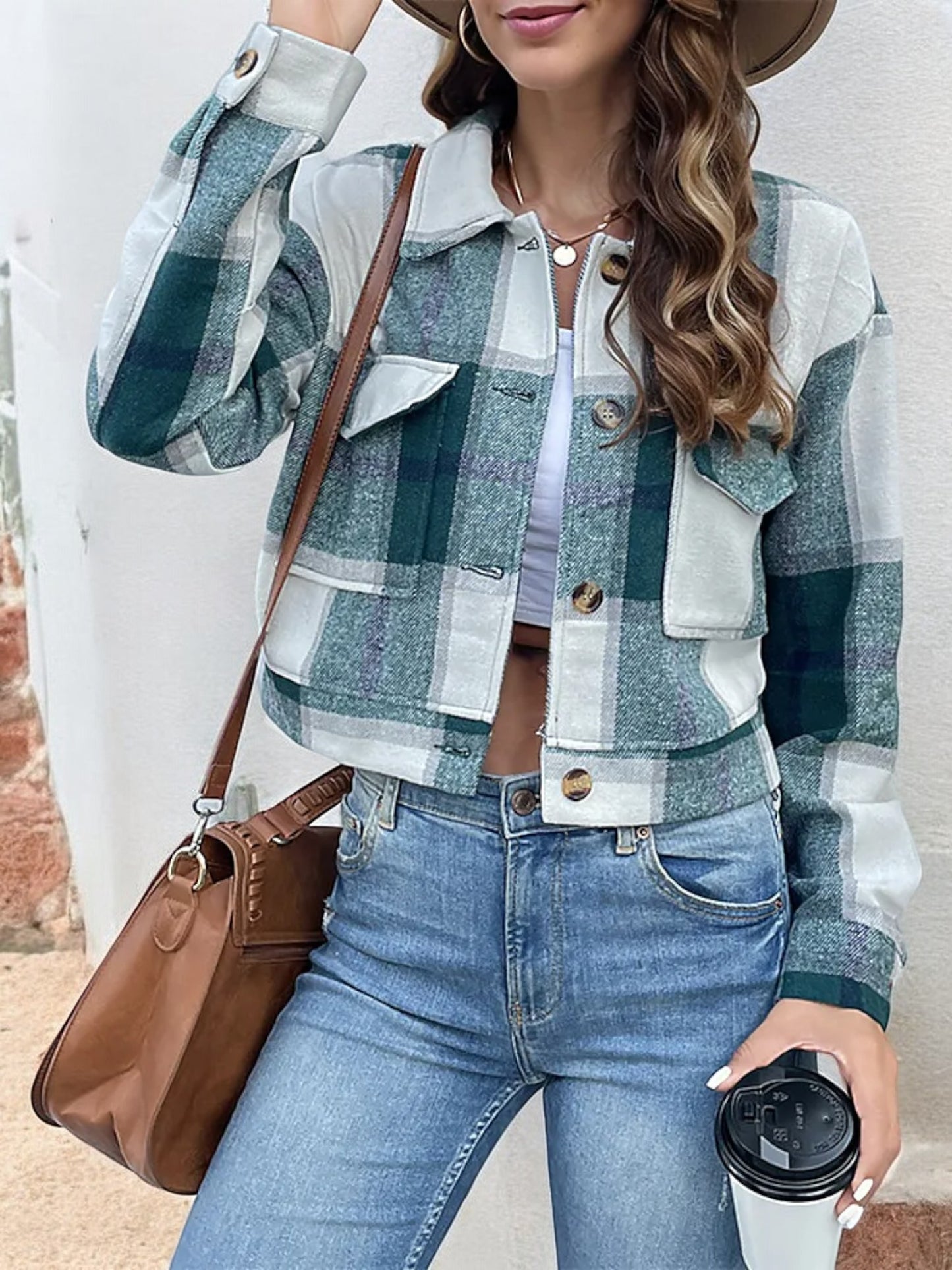 Anna-Kaci Women's Cropped Plaid Jacket with Button Front and Flap Pockets