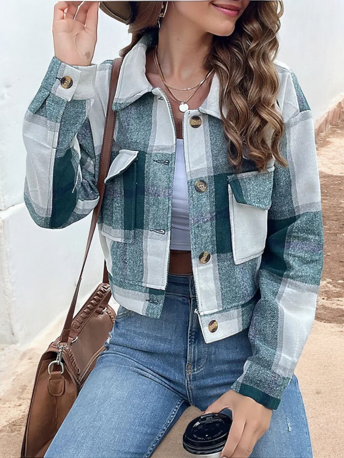 Anna-Kaci Women's Cropped Plaid Jacket with Button Front and Flap Pockets