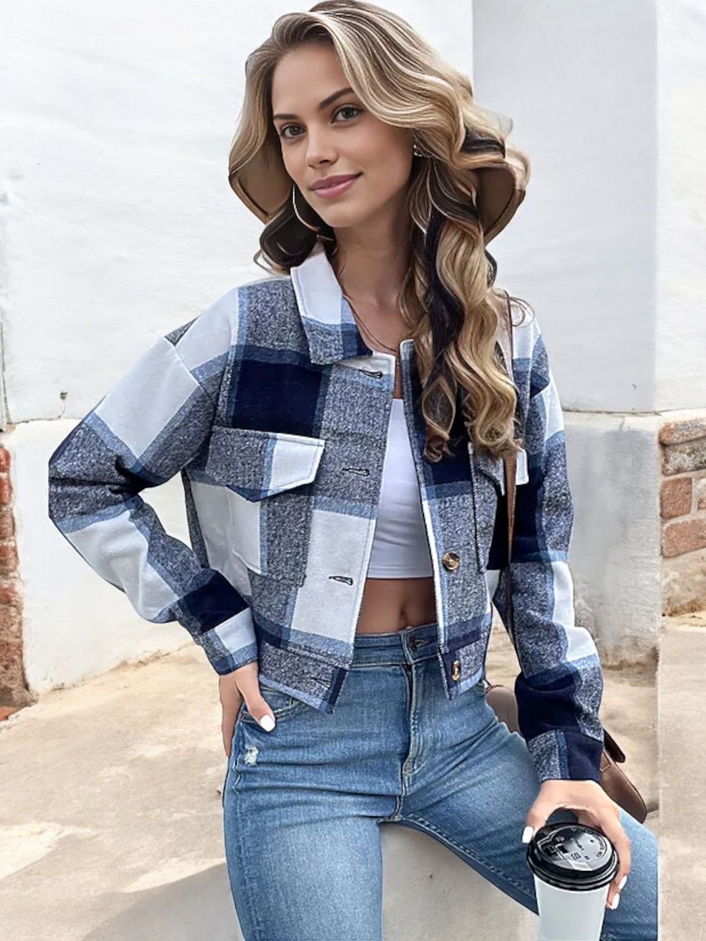 Anna-Kaci Women's Cropped Plaid Jacket with Button Front and Flap Pockets