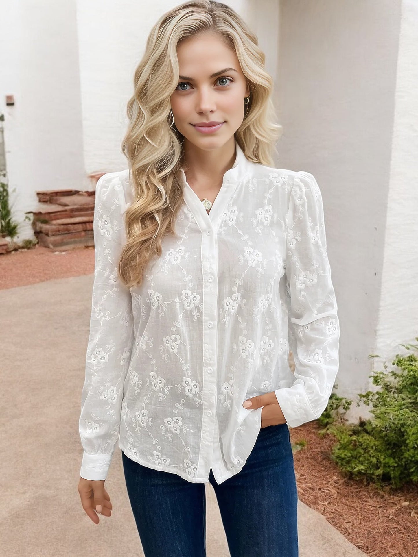 Anna-Kaci Women's Long Sleeve Embroidered Button-Down Shirt with Puff Shoulders