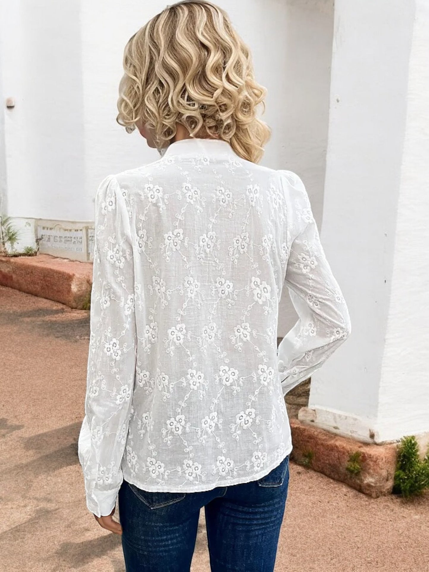Anna-Kaci Women's Long Sleeve Embroidered Button-Down Shirt with Puff Shoulders