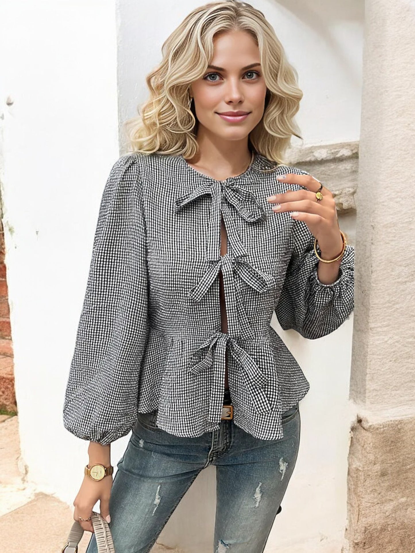 Anna-Kaci Women's Peplum Blouse with Bow Tie Details and 3/4 Sleeves