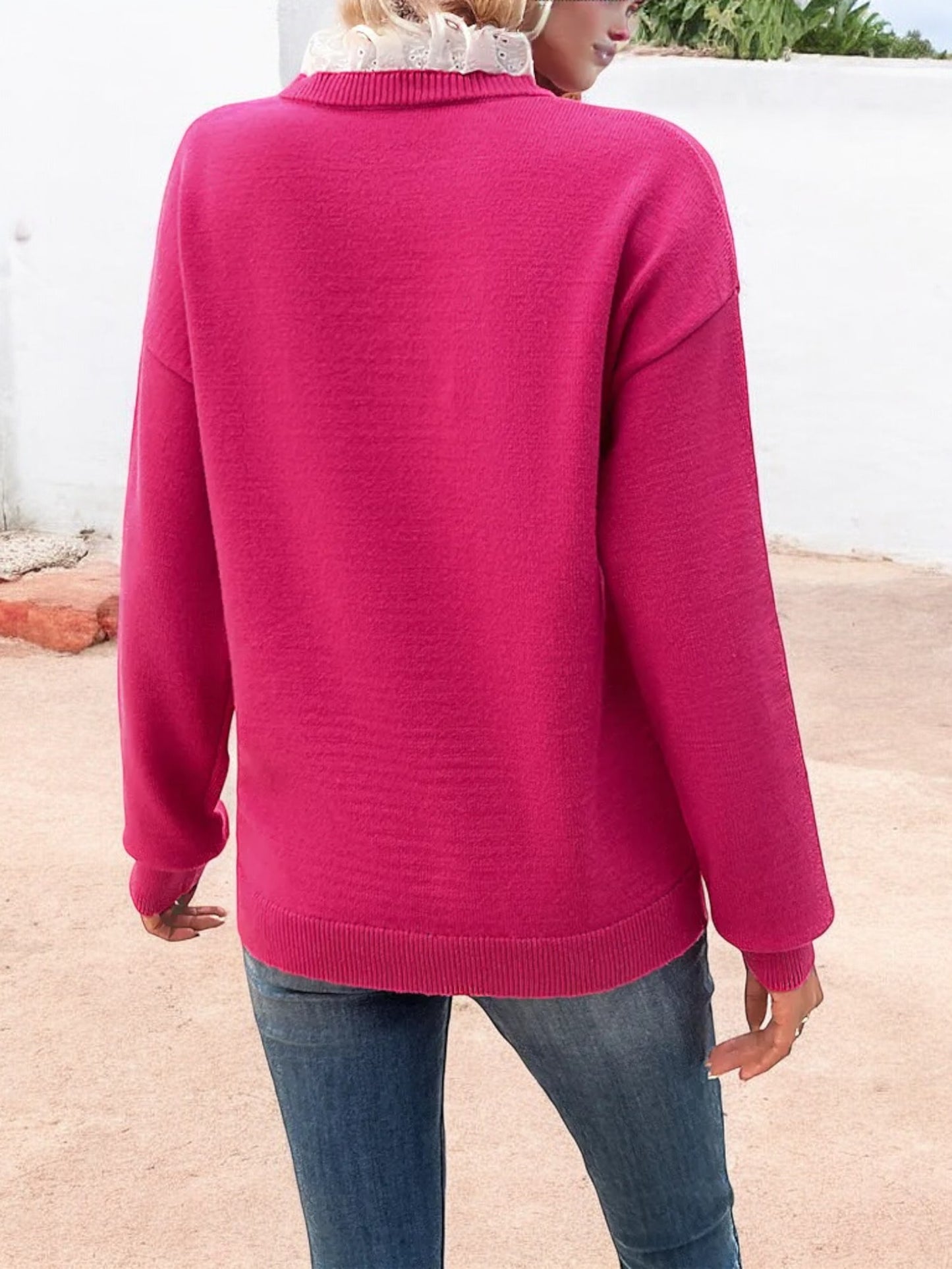 Anna-Kaci Women's Long Sleeve Knit Sweater with Lace Trim V-Neck and Relaxed Fit