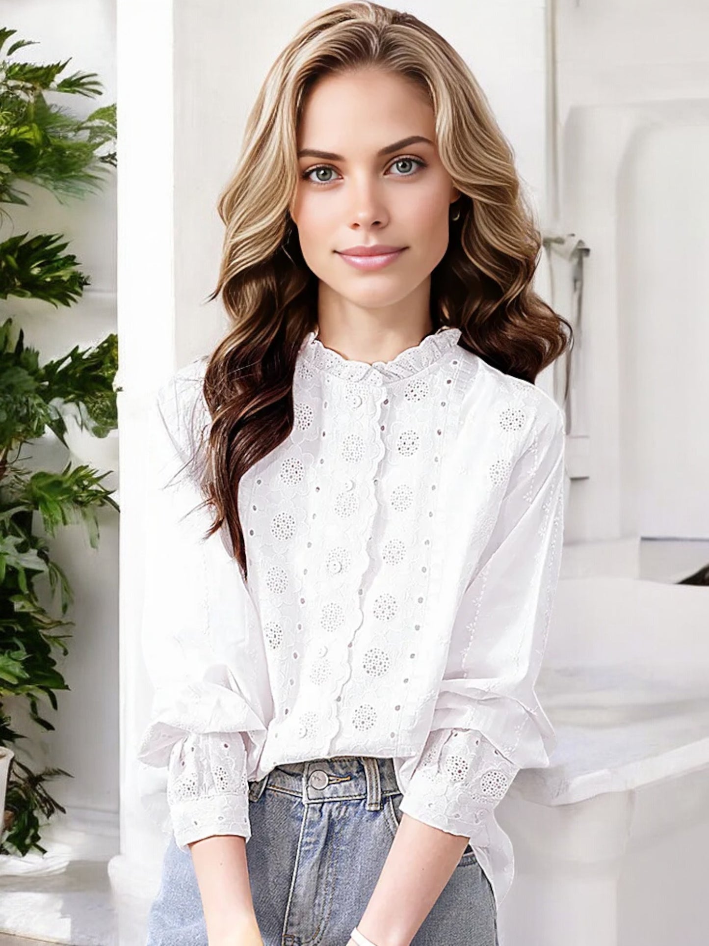 Anna-Kaci Women's Long Sleeve Eyelet Lace Blouse with Ruffled Neckline and Button Detailing