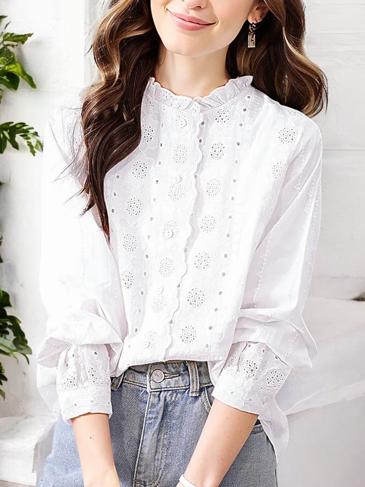 Anna-Kaci Women's Long Sleeve Eyelet Lace Blouse with Ruffled Neckline and Button Detailing