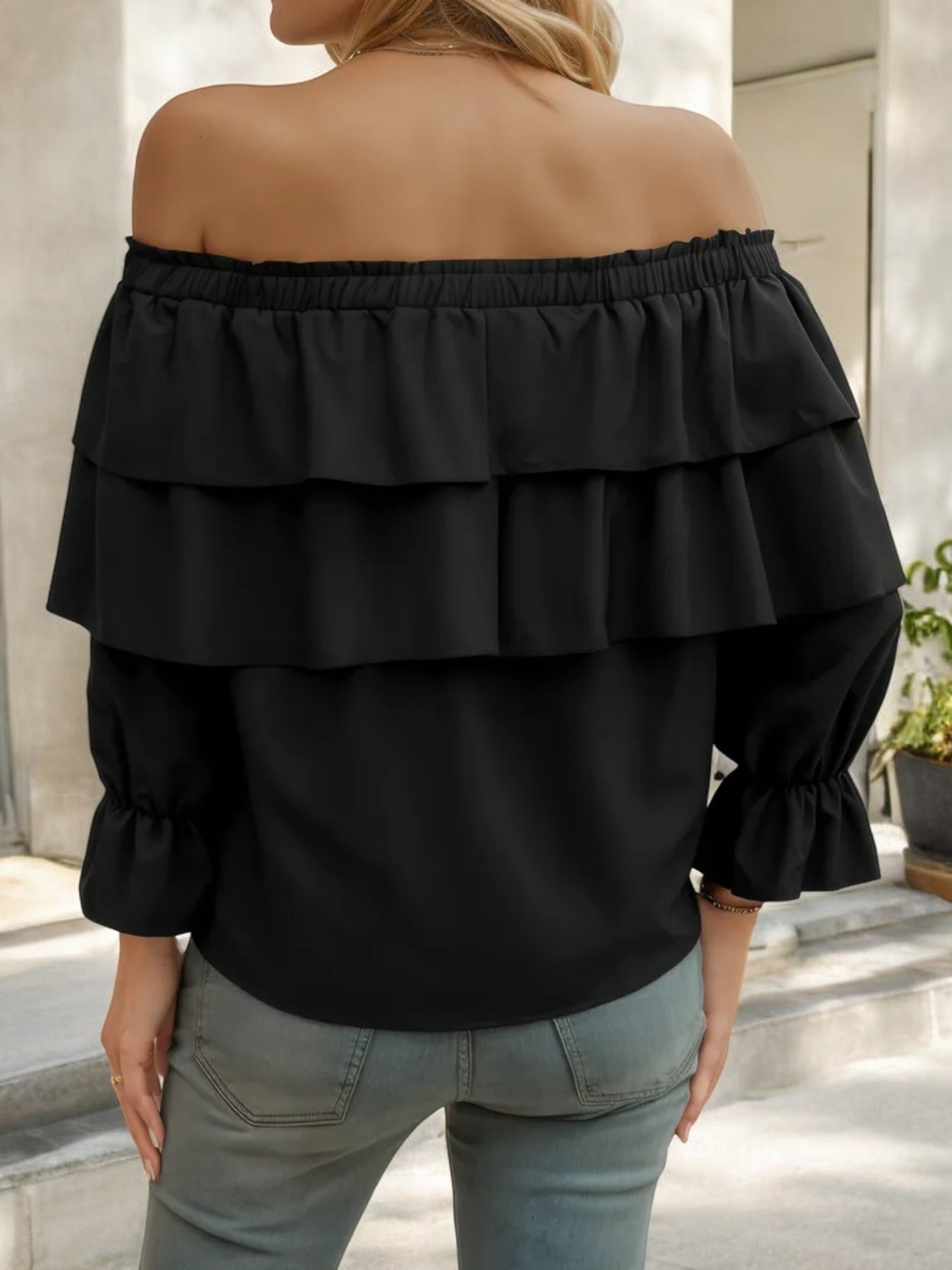 Off Shoulder Ruffle Layered Blouse with Long Sleeves and Front Tie Detail