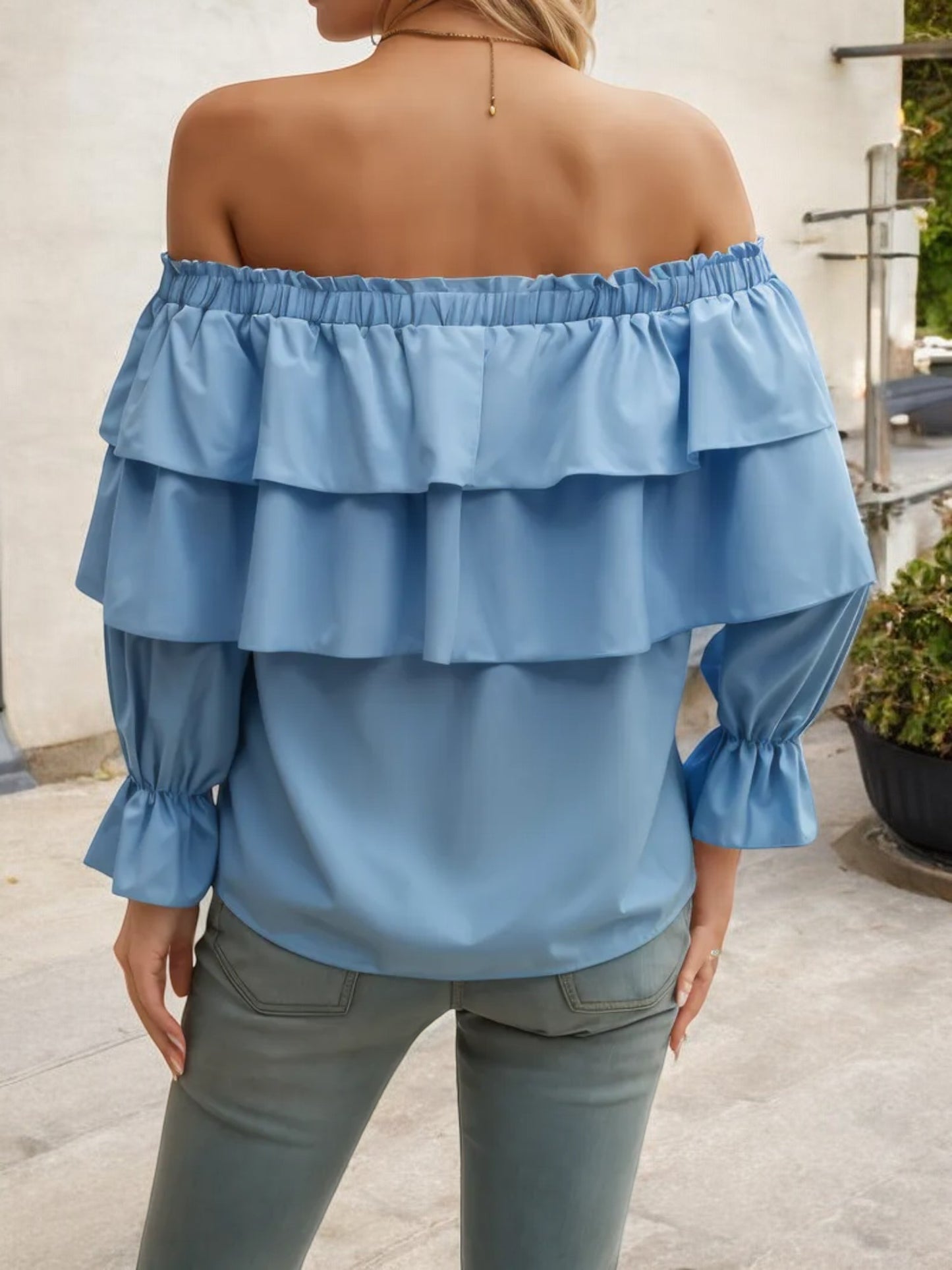 Off Shoulder Ruffle Layered Blouse with Long Sleeves and Front Tie Detail