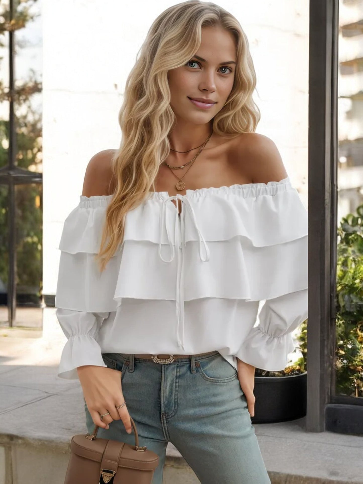 Off Shoulder Ruffle Layered Blouse with Long Sleeves and Front Tie Detail