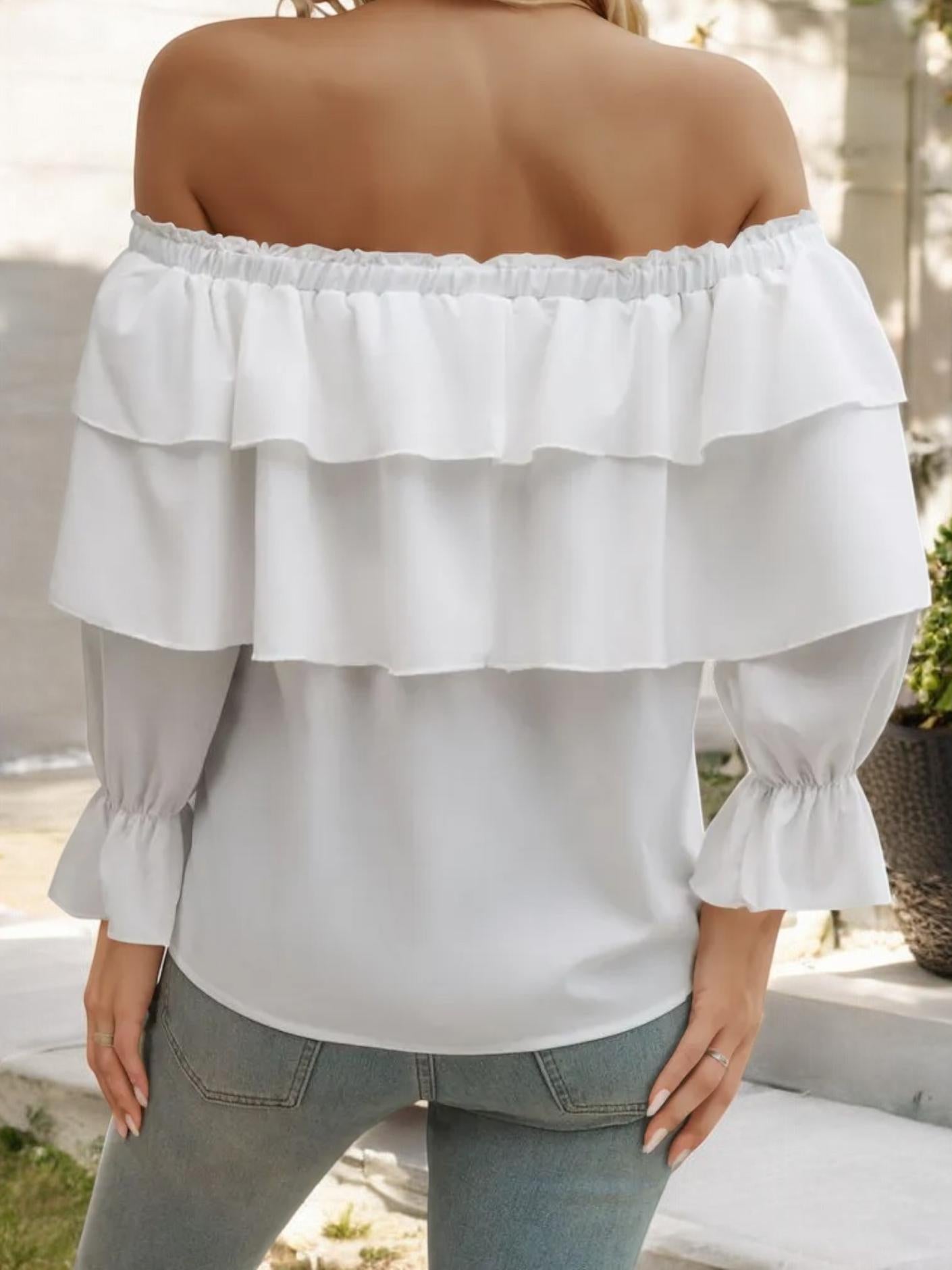 Off Shoulder Ruffle Layered Blouse with Long Sleeves and Front Tie Detail