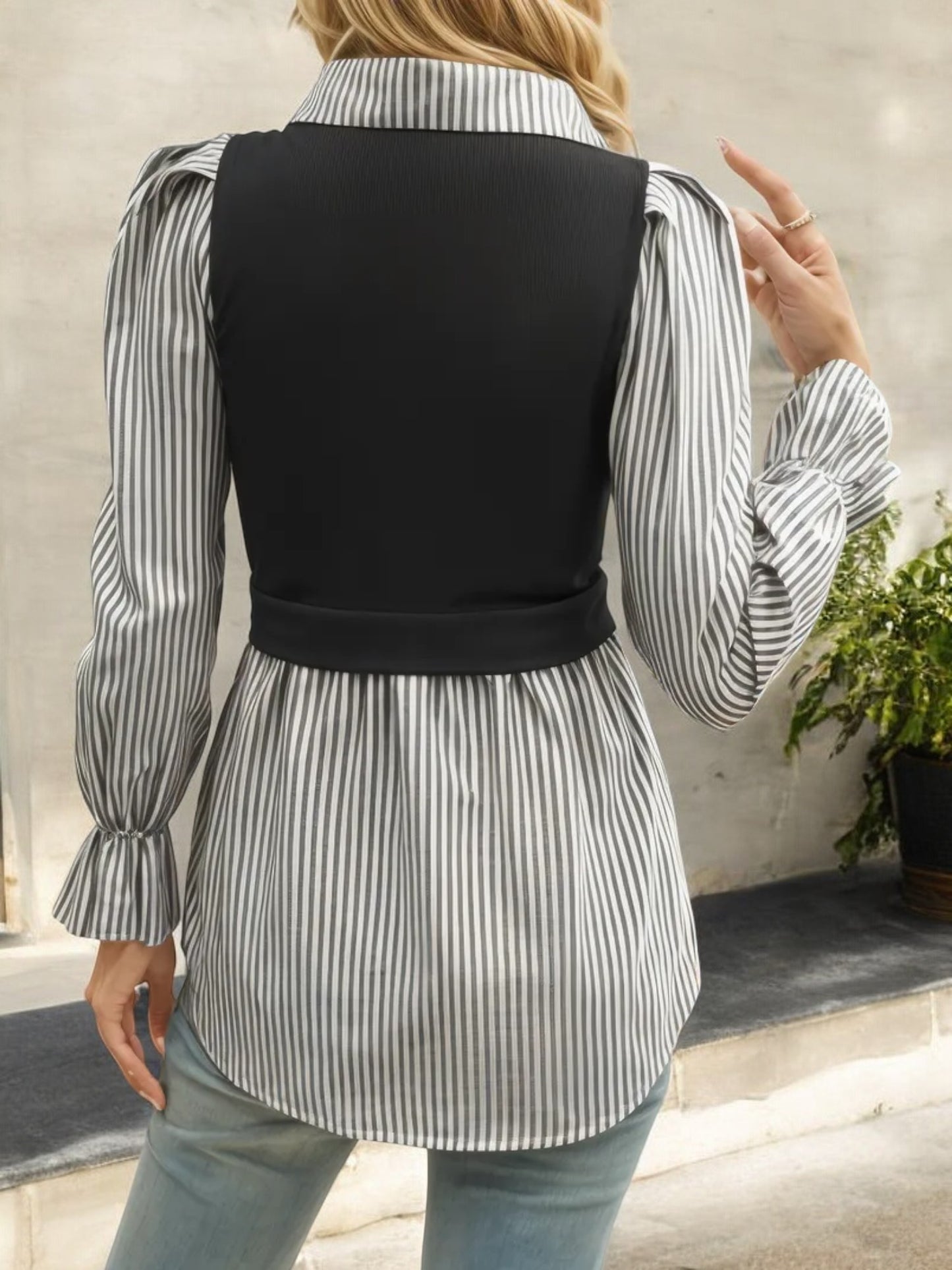 Long Sleeve Collared Blouse with Ribbed Knit Overlay Top