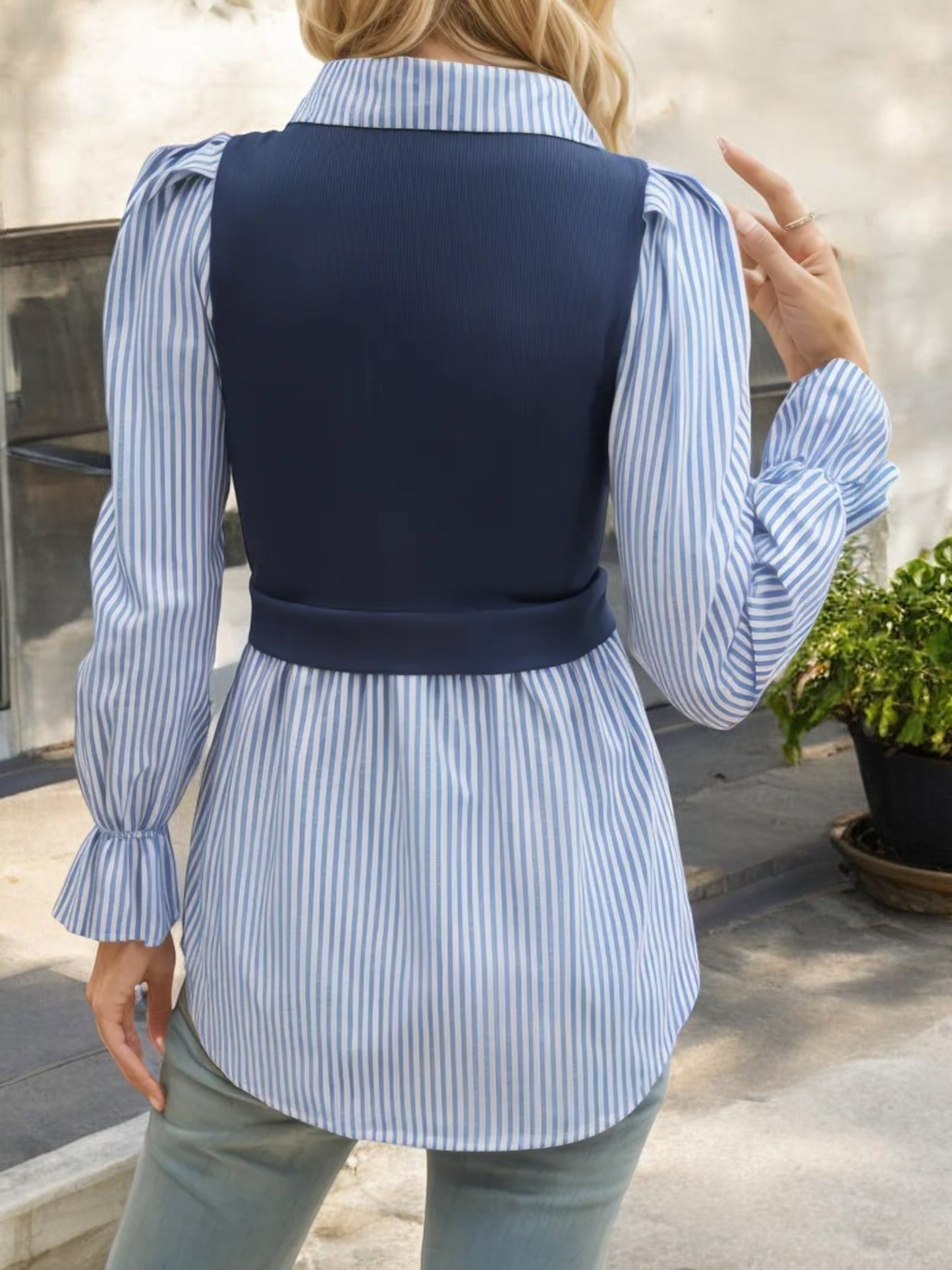 Long Sleeve Collared Blouse with Ribbed Knit Overlay Top