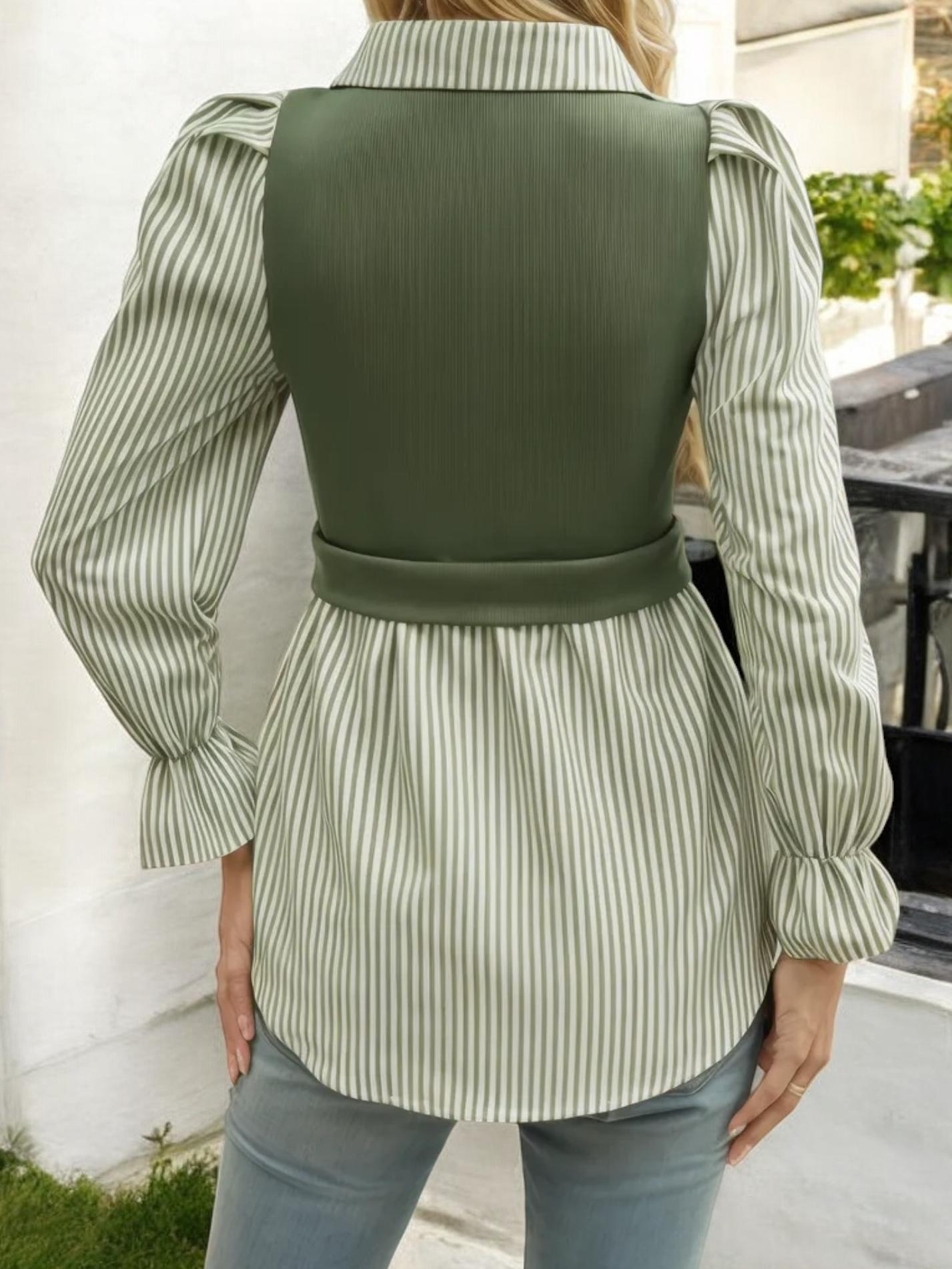Long Sleeve Collared Blouse with Ribbed Knit Overlay Top