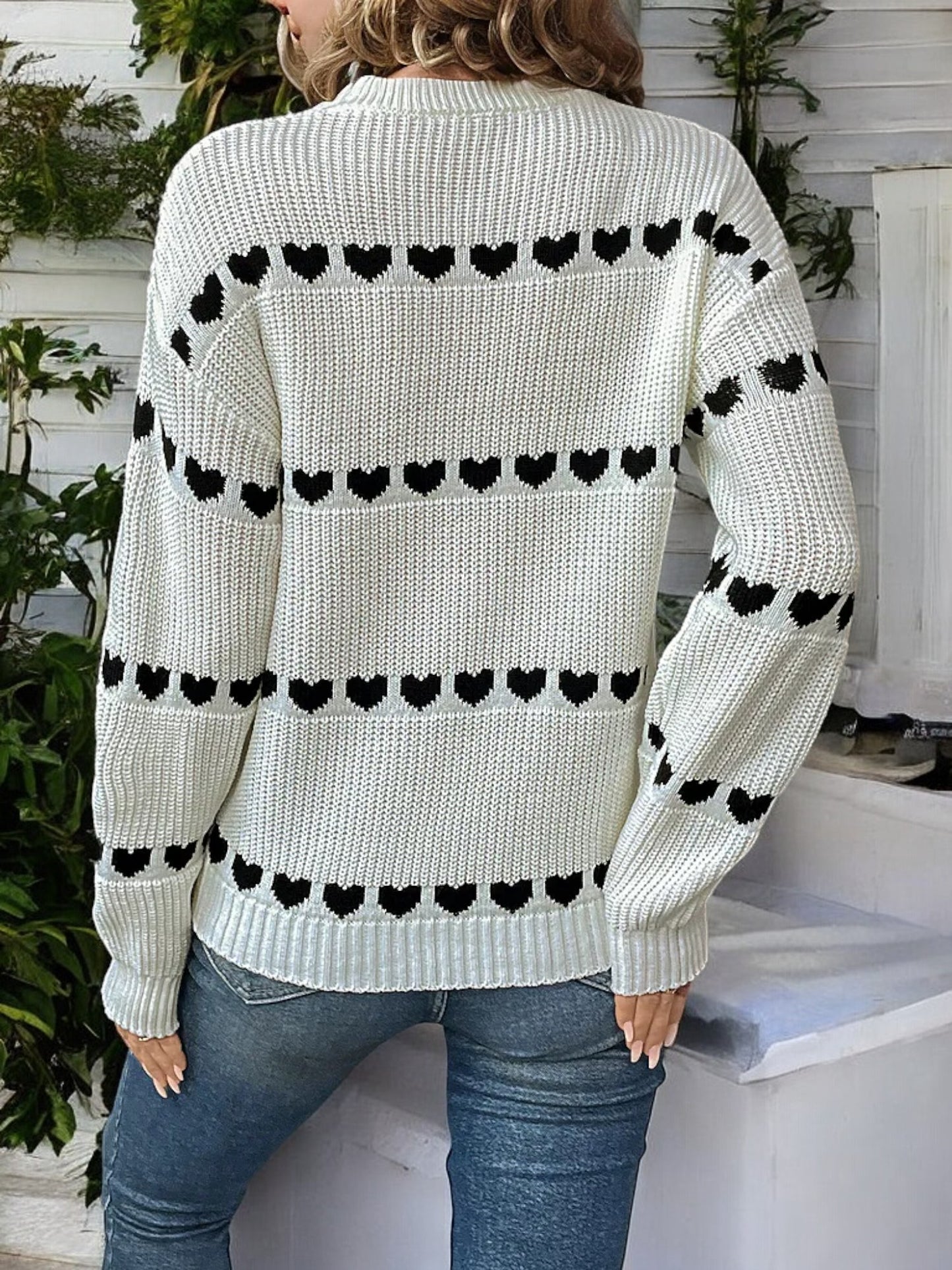 Anna-Kaci Women's Long Sleeve Knit Sweater with Heart Pattern and Ribbed Cuffs