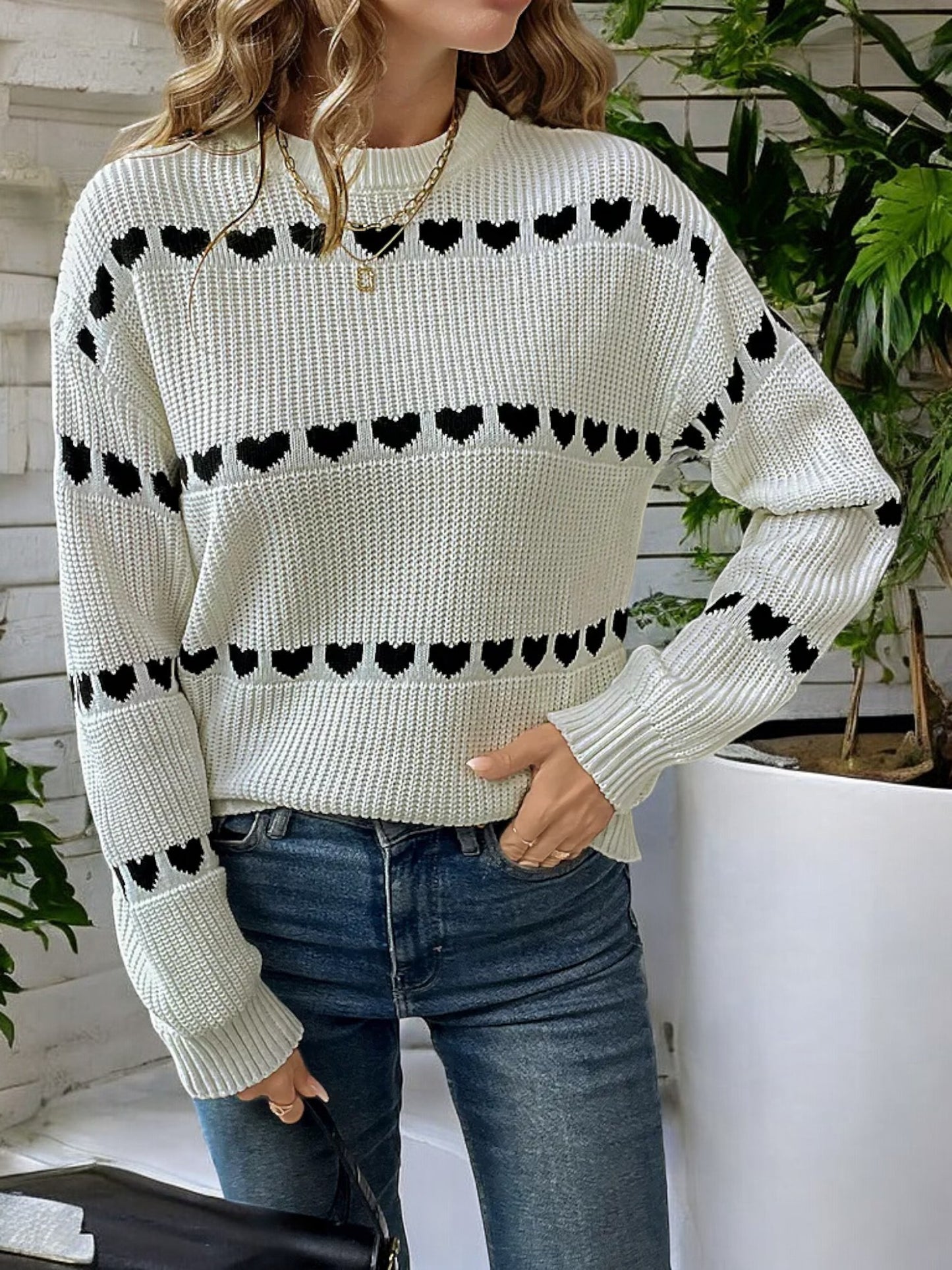Anna-Kaci Women's Long Sleeve Knit Sweater with Heart Pattern and Ribbed Cuffs