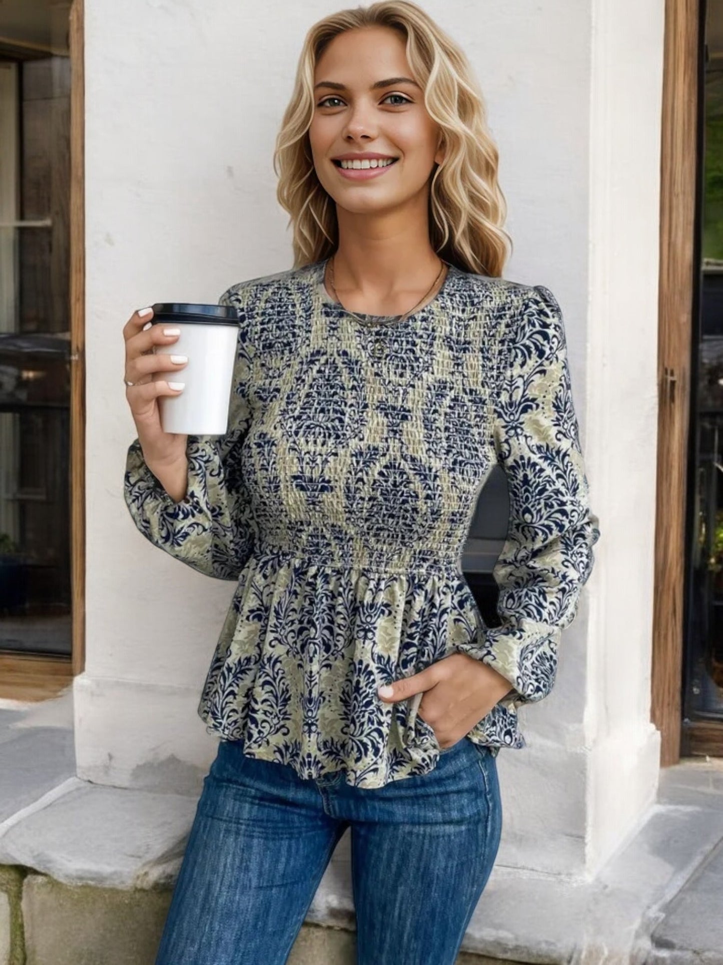 Long Sleeve Peplum Top with Ruched Waist and Floral Print