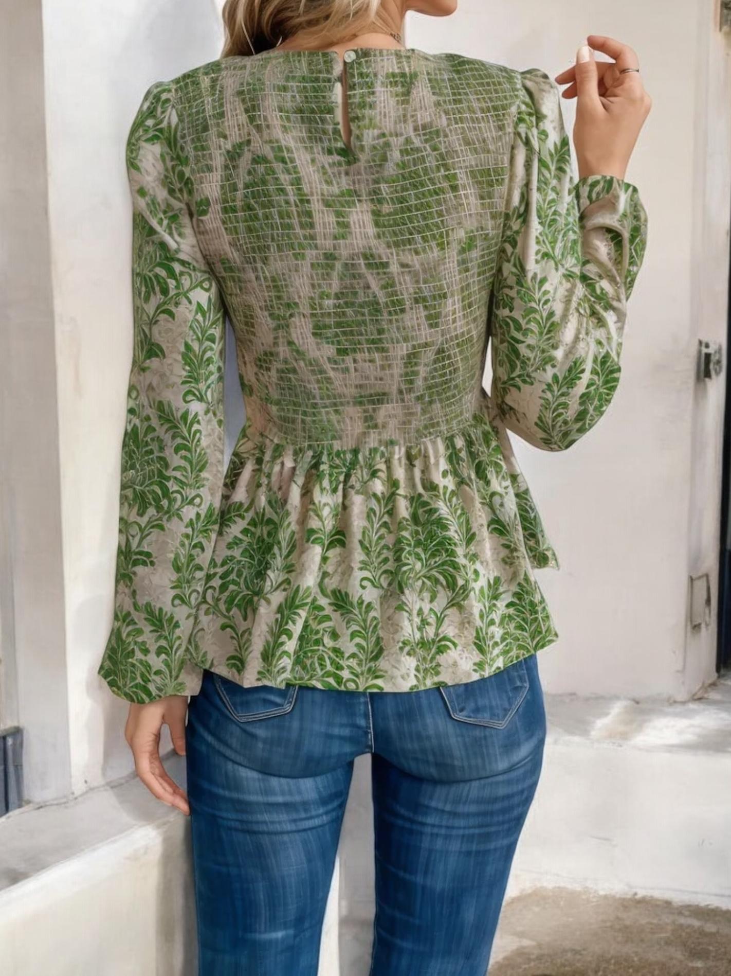 Long Sleeve Peplum Top with Ruched Waist and Floral Print