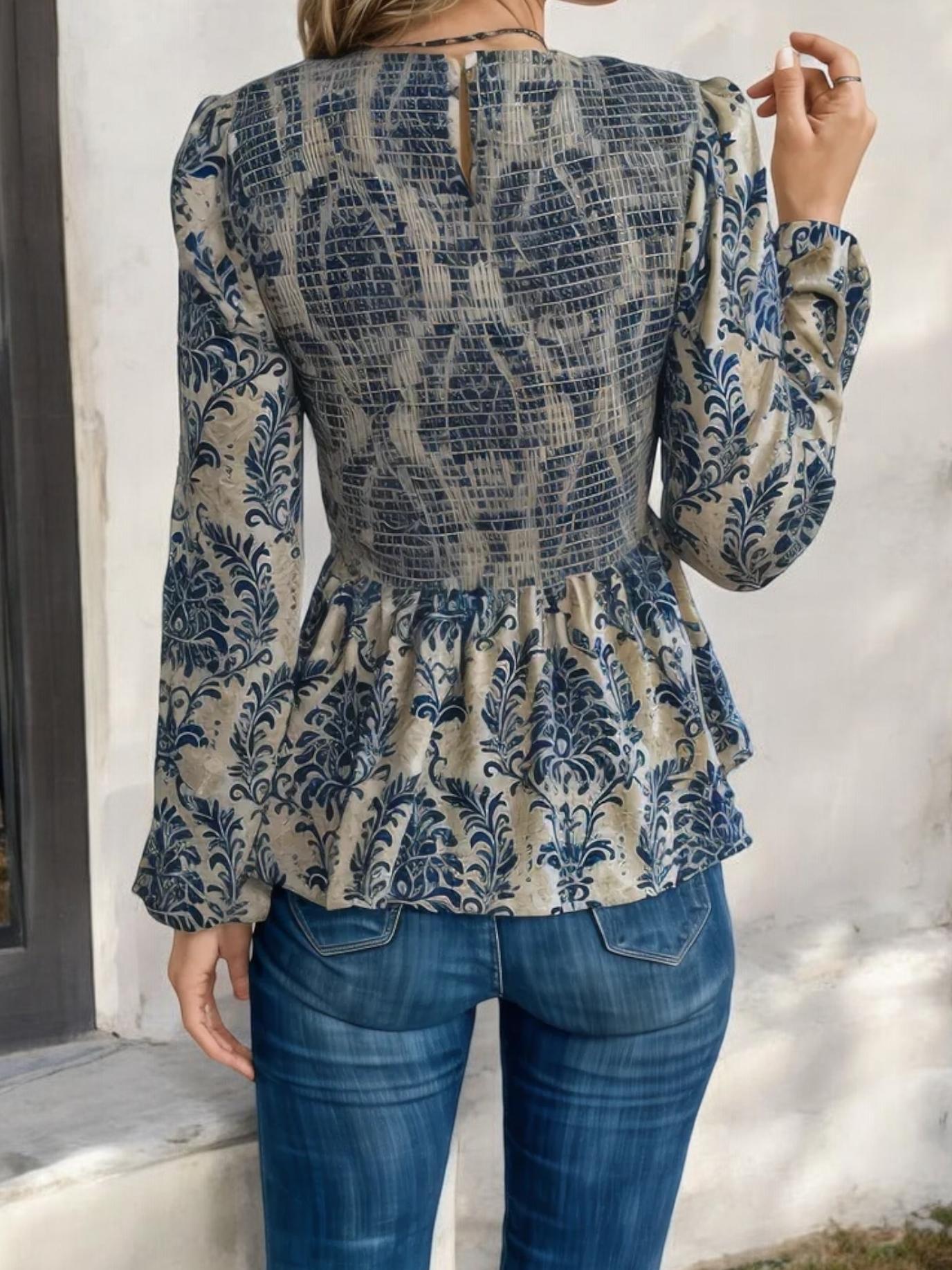Long Sleeve Peplum Top with Ruched Waist and Floral Print