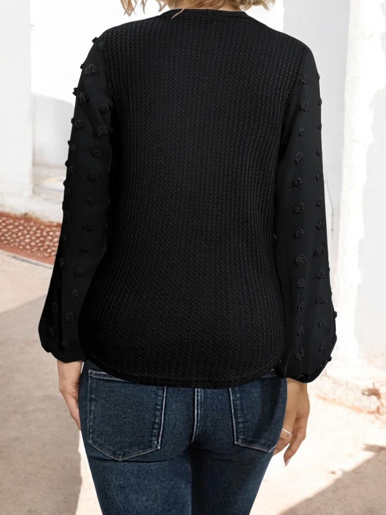 Long Sleeve V-Neck Blouse with Textured Sleeves and Front Tie