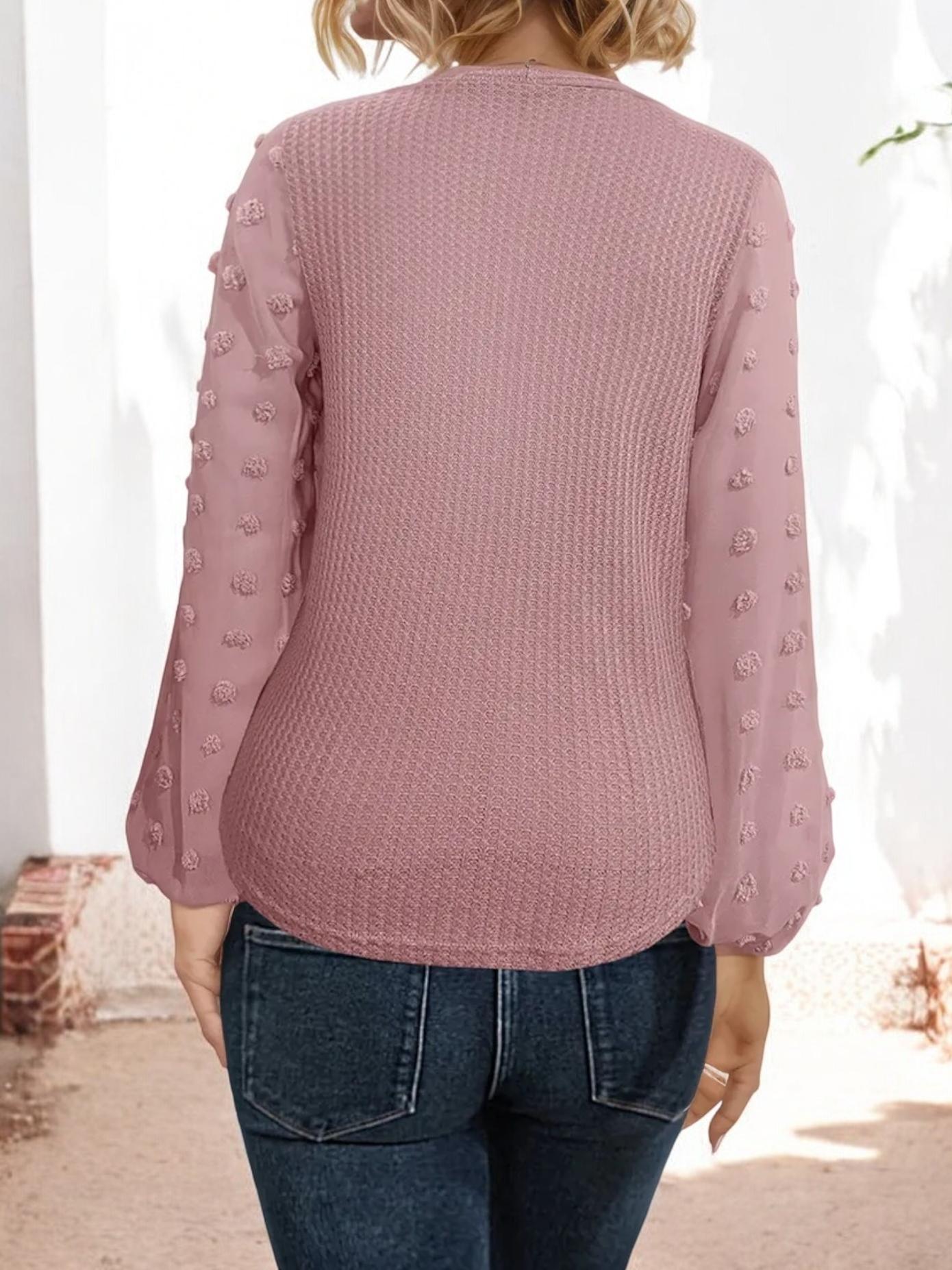 Long Sleeve V-Neck Blouse with Textured Sleeves and Front Tie
