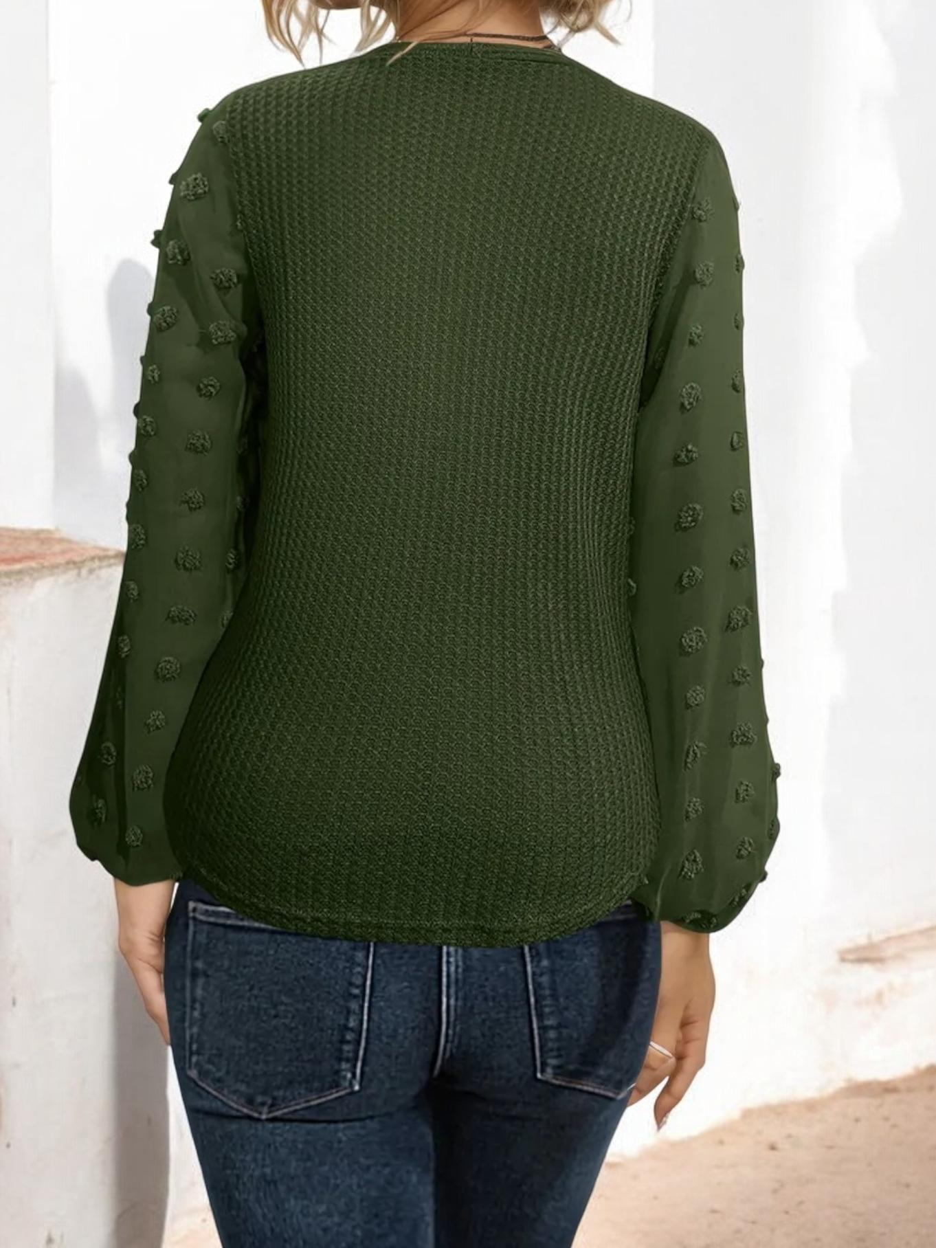 Long Sleeve V-Neck Blouse with Textured Sleeves and Front Tie