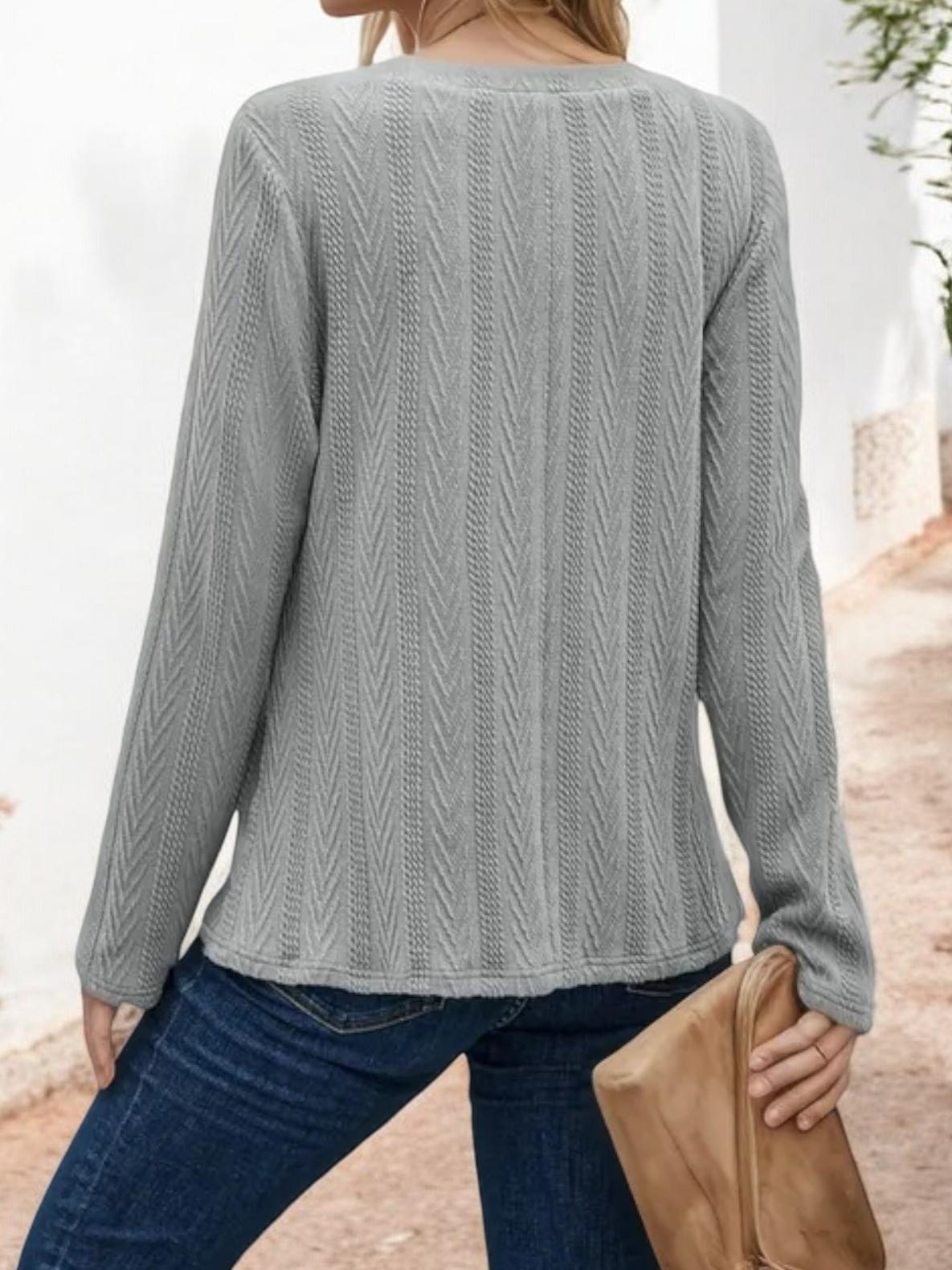 Long Sleeve V-Neck Knit Top with Button Detail